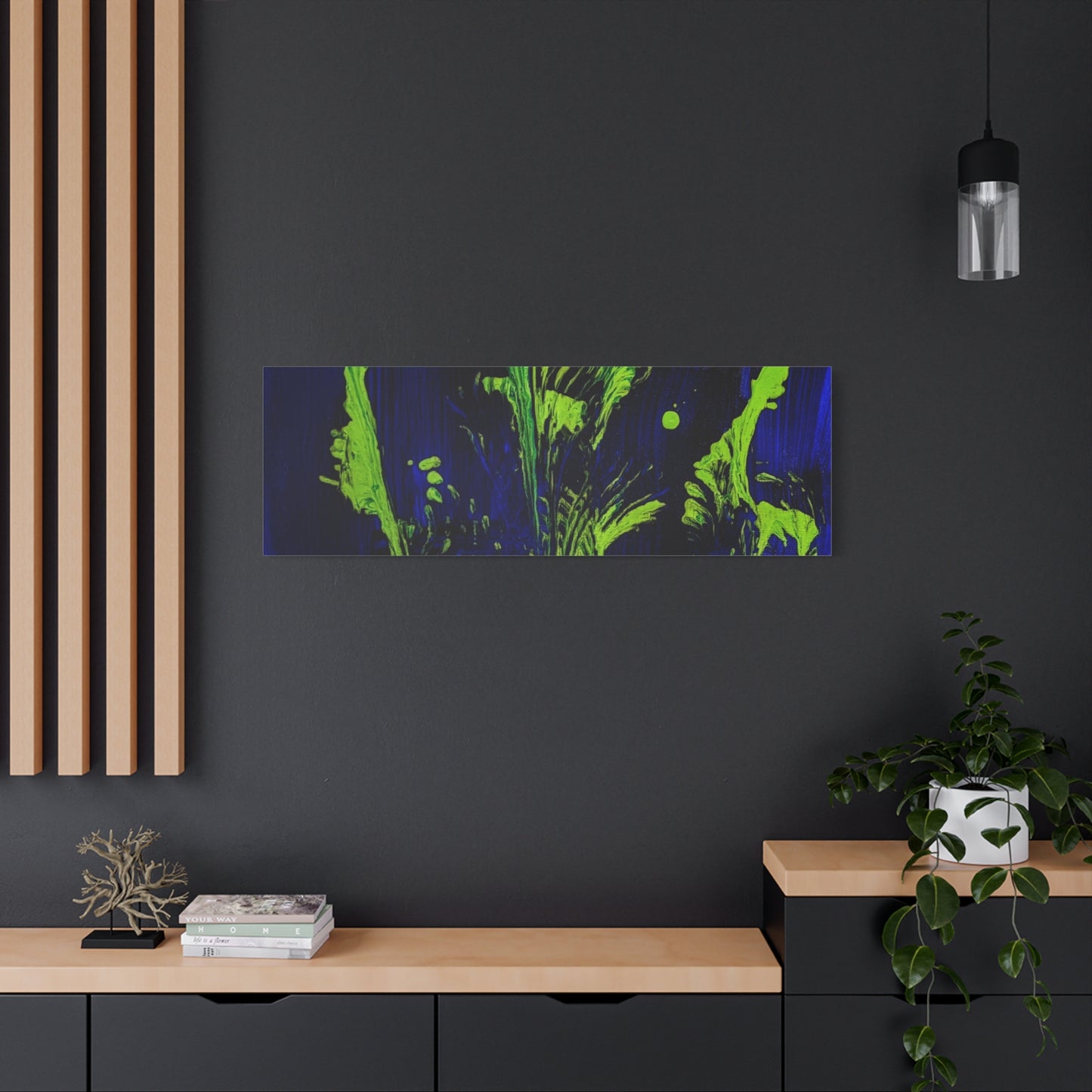 calla_lillies_pt.2 - Neon Floral Abstract Canvas Print — Blue & Lime Stretched Wall Art