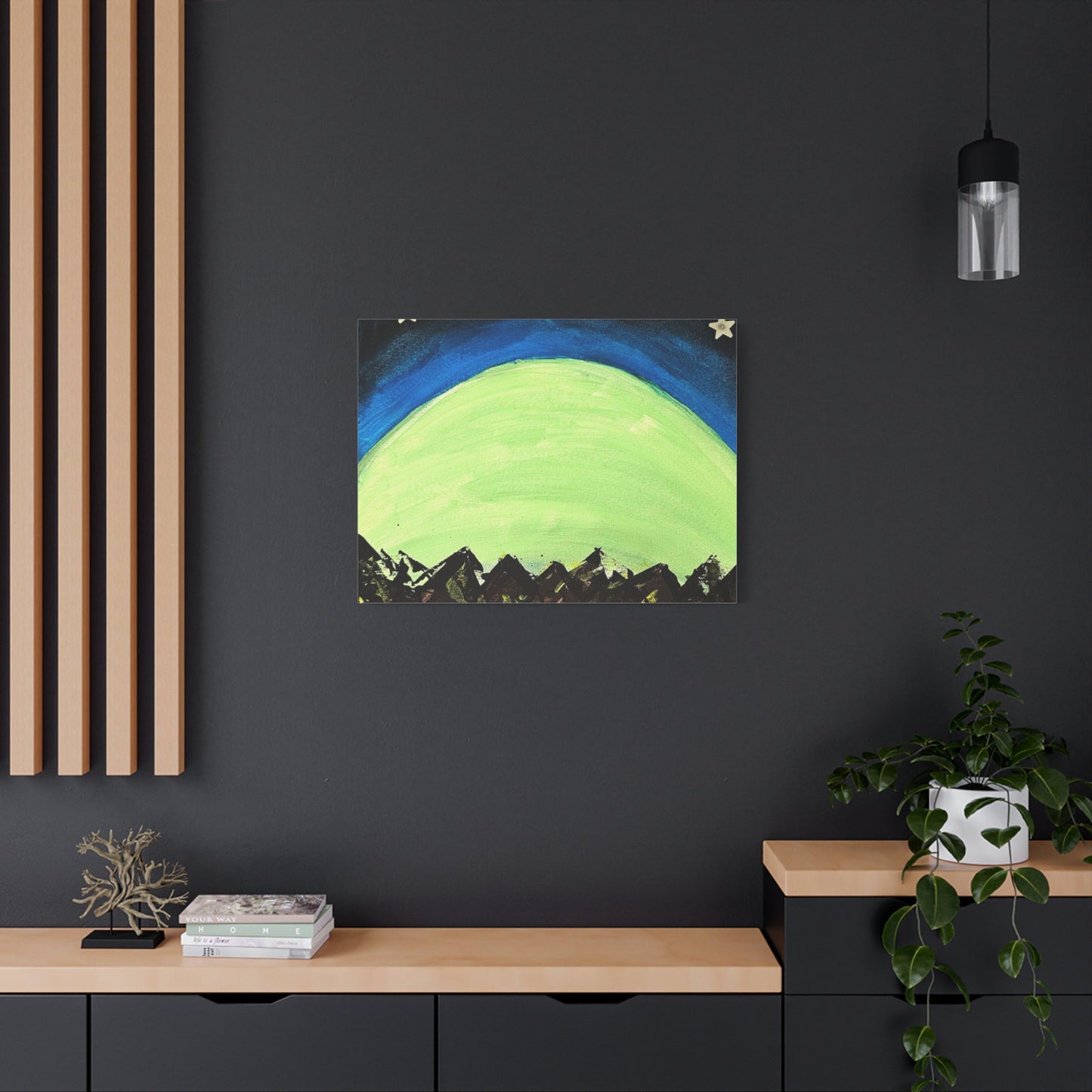 Green Moonrise Canvas Wall Art – Mountain Silhouette Nightscape