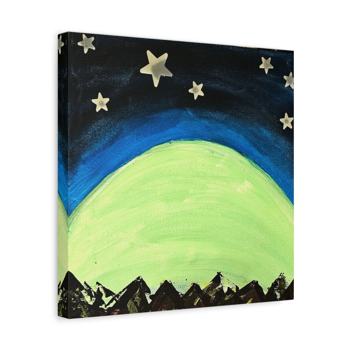 Green Moonrise Canvas Wall Art – Mountain Silhouette Nightscape