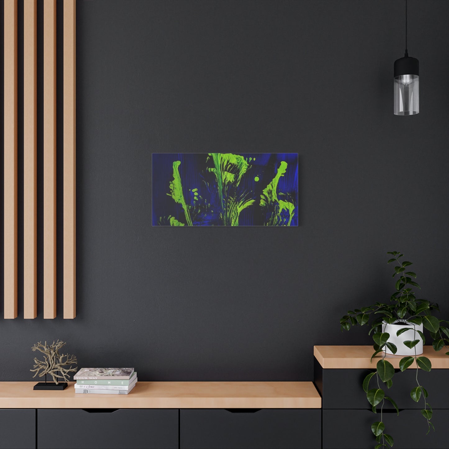 calla_lillies_pt.2 - Neon Floral Abstract Canvas Print — Blue & Lime Stretched Wall Art
