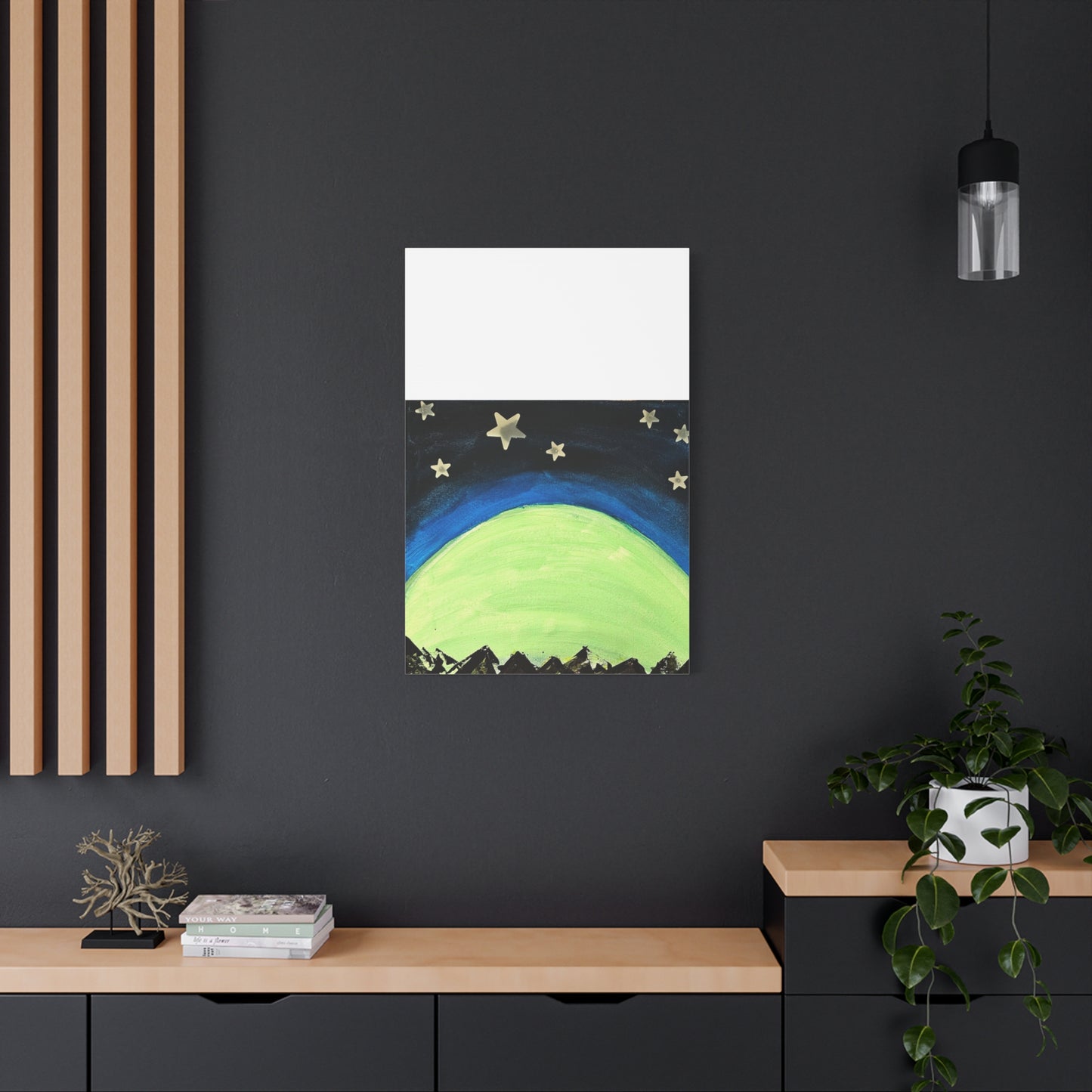 Green Moonrise Canvas Wall Art – Mountain Silhouette Nightscape