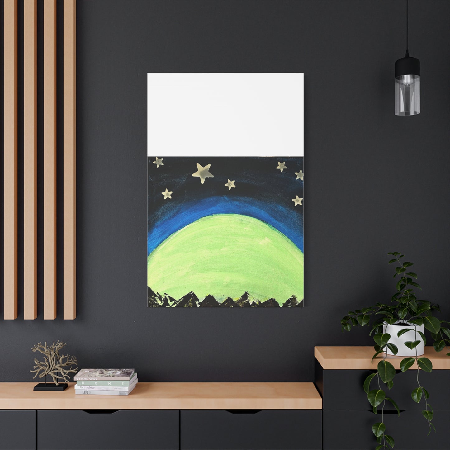 Green Moonrise Canvas Wall Art – Mountain Silhouette Nightscape