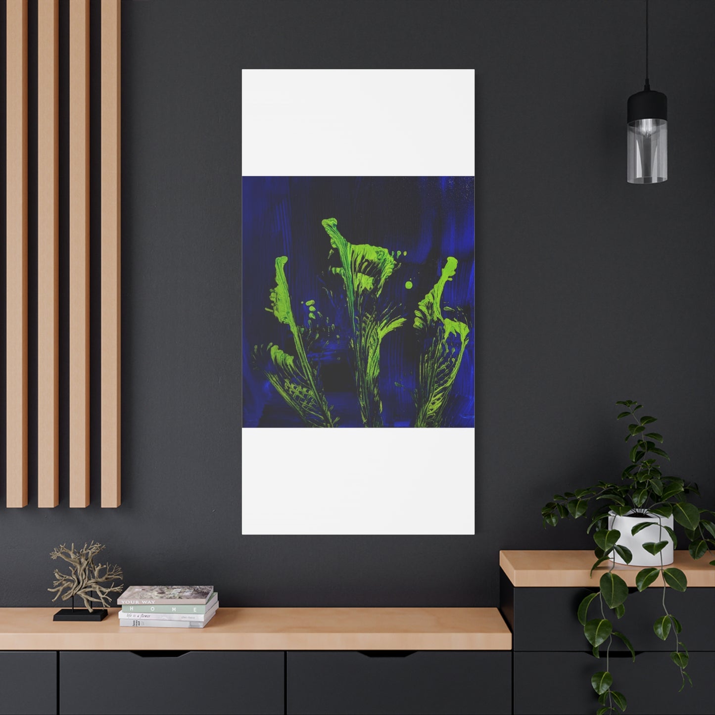 calla_lillies_pt.2 - Neon Floral Abstract Canvas Print — Blue & Lime Stretched Wall Art
