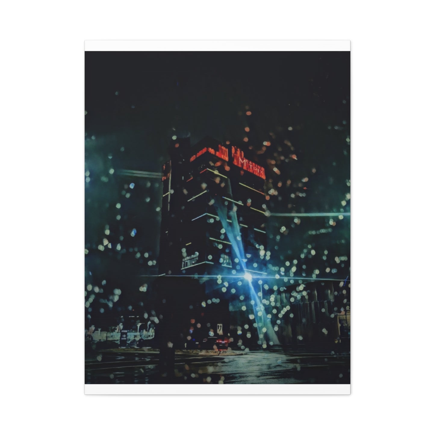 matrix @night Canvas Print — Moody Rainy Urban Wall Art (Matte Stretched)