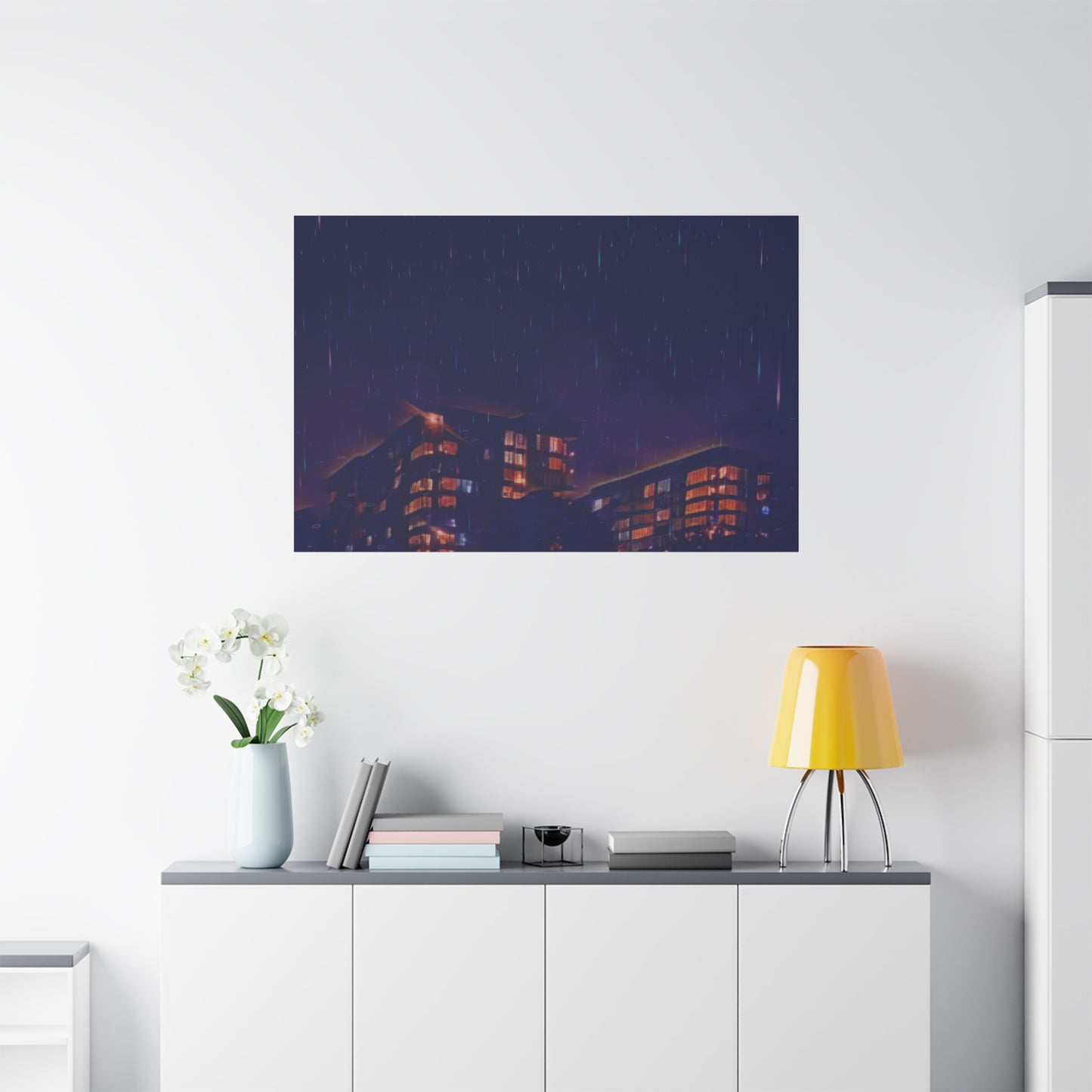 Neon Percipitation @ night - Canvas Print — Moody Urban Wall Art