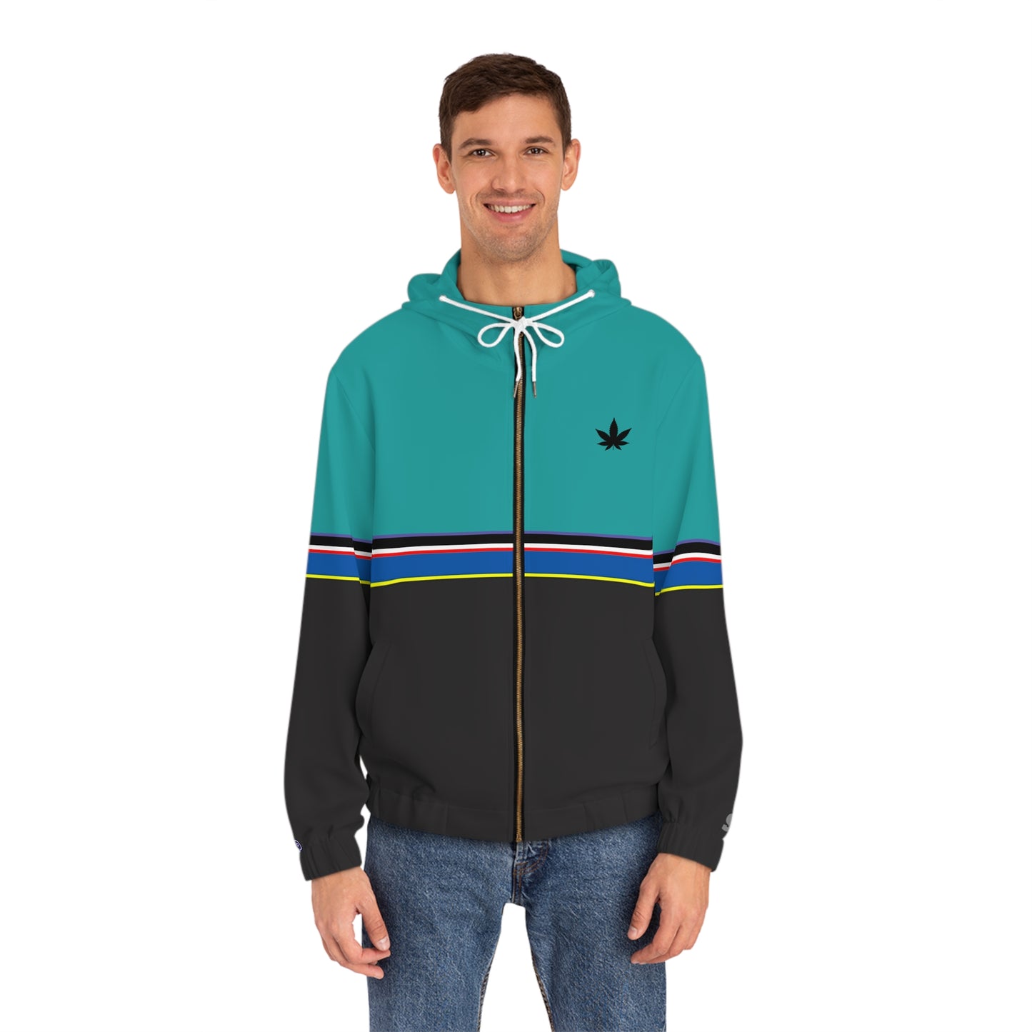 shark_city :: Teal & Black Stripe Zip Hoodie with Minimal Leaf Logo
