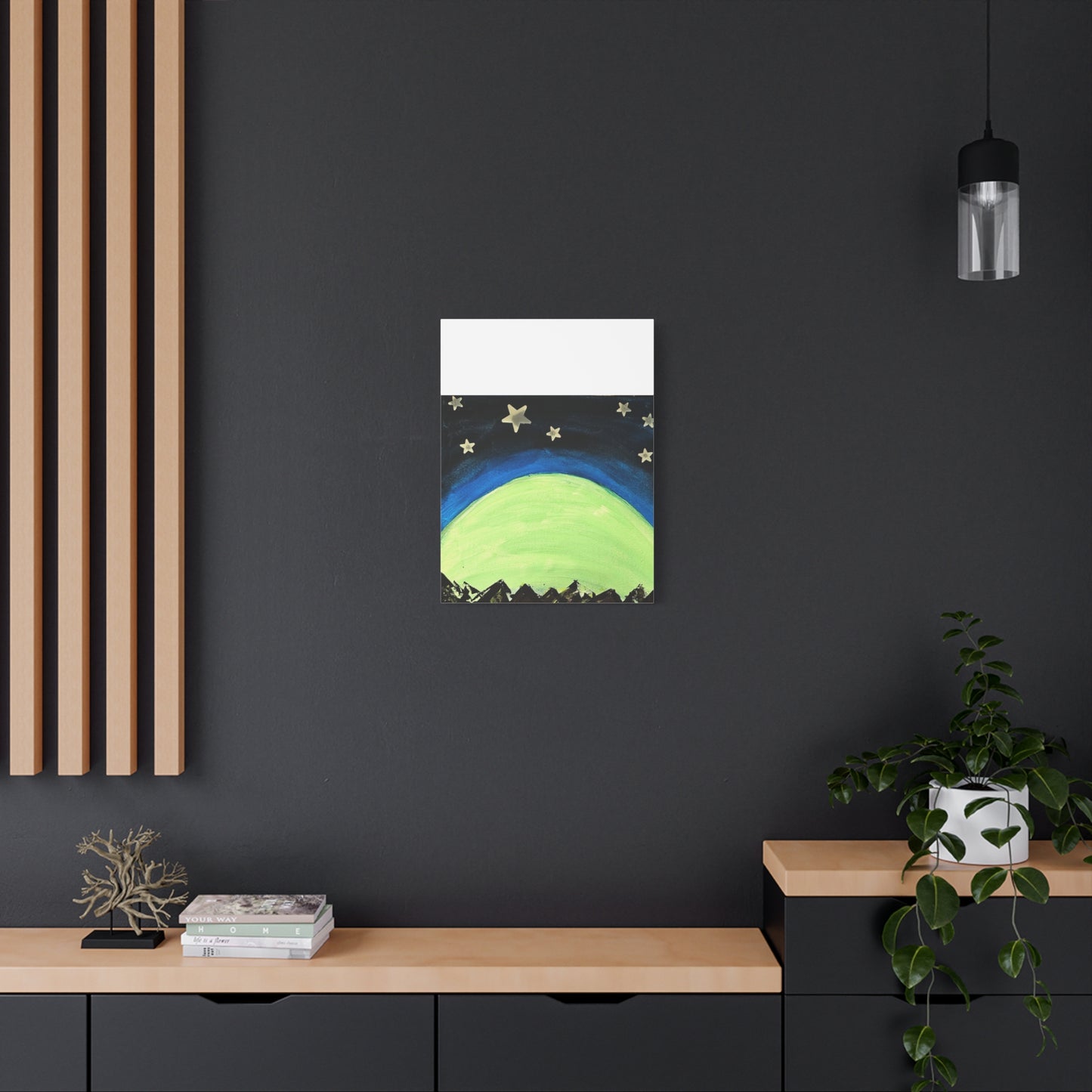 Green Moonrise Canvas Wall Art – Mountain Silhouette Nightscape