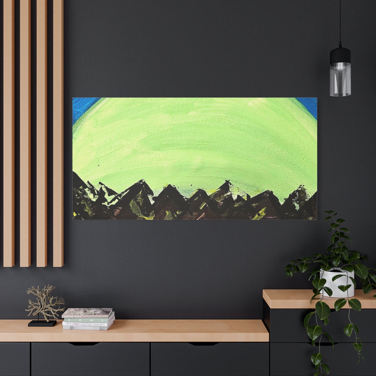Green Moonrise Canvas Wall Art – Mountain Silhouette Nightscape