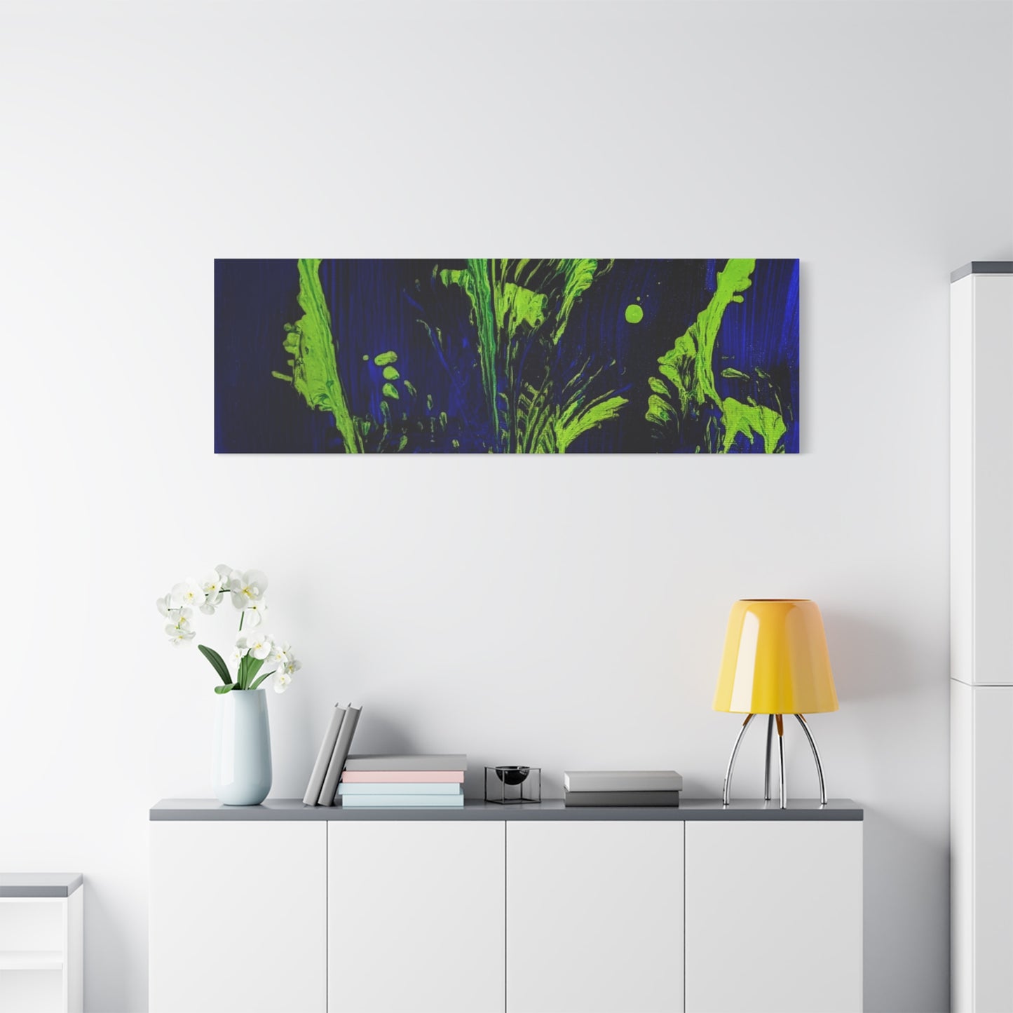 calla_lillies_pt.2 - Neon Floral Abstract Canvas Print — Blue & Lime Stretched Wall Art