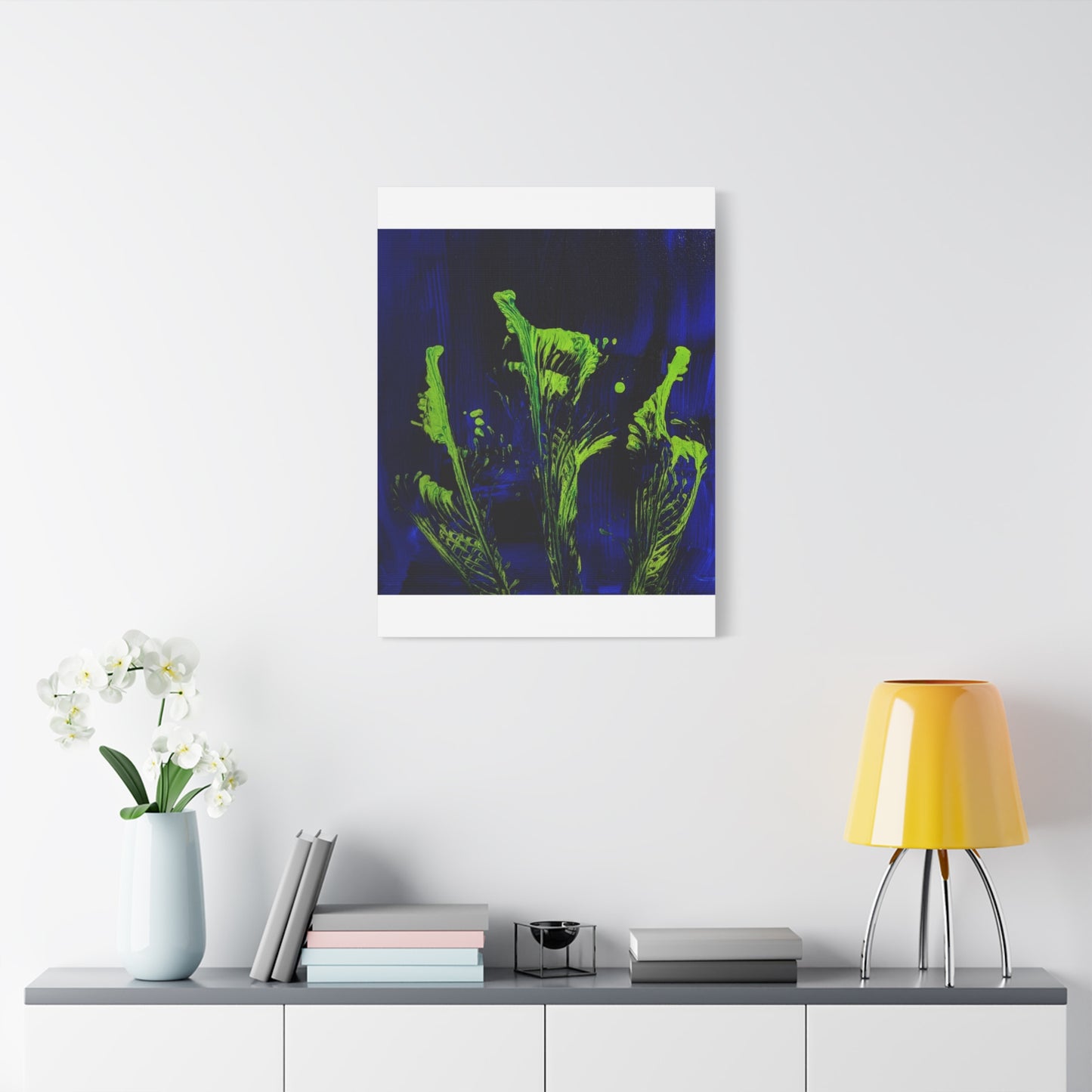 calla_lillies_pt.2 - Neon Floral Abstract Canvas Print — Blue & Lime Stretched Wall Art