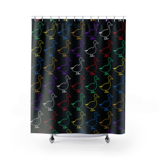Shower Curtain — Neon Outline Duck Pattern on Black (Colorful Goose Silhouette Bath Curtain)