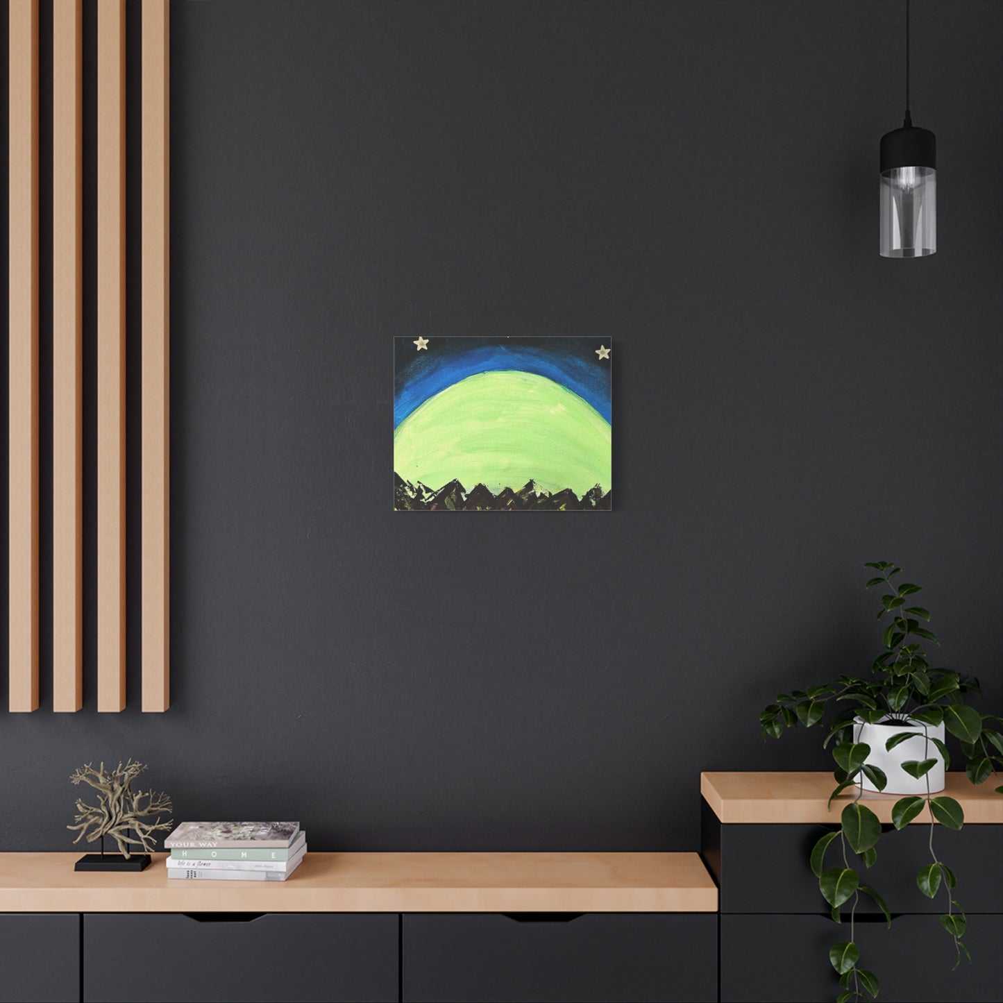 Green Moonrise Canvas Wall Art – Mountain Silhouette Nightscape