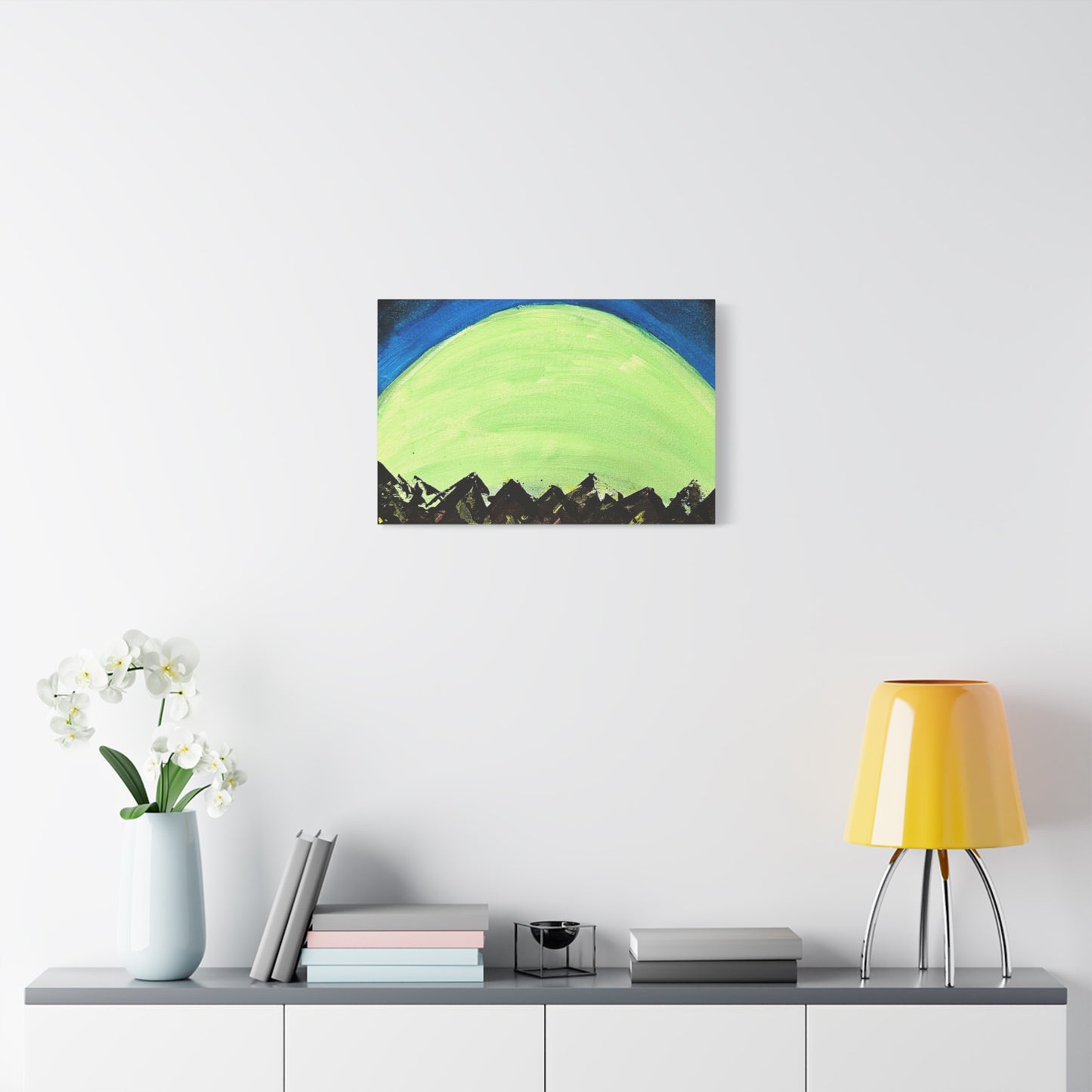 Green Moonrise Canvas Wall Art – Mountain Silhouette Nightscape