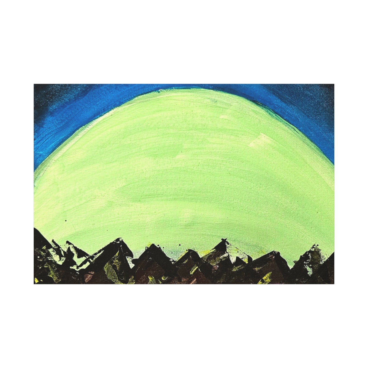 Green Moonrise Canvas Wall Art – Mountain Silhouette Nightscape