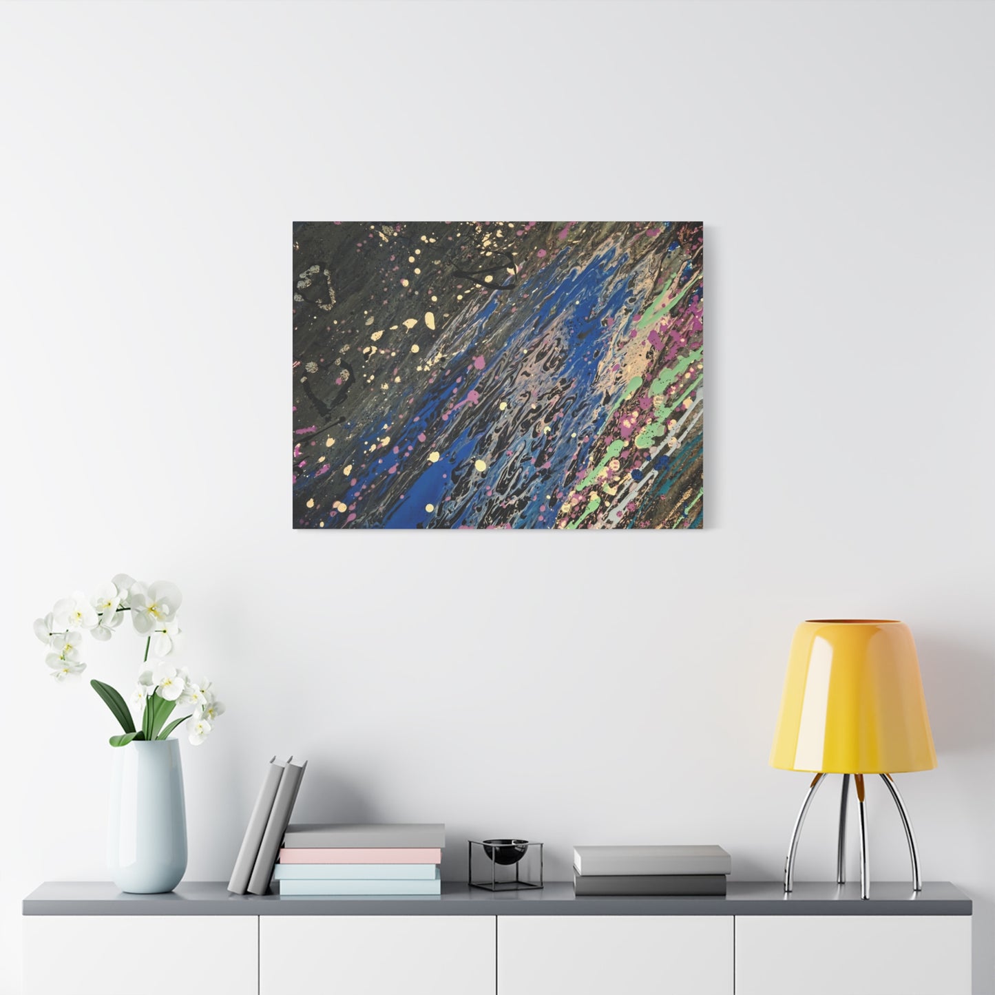 Abstract Splatter Matte Canvas Print — Colorful Fluid Art Wall Decor, Stretched 1.25"