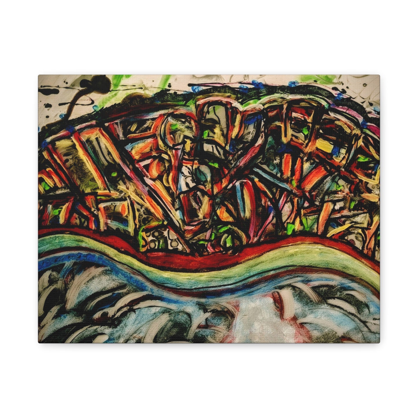 Acrylic_inequalities - Abstract Coastal Cityscape Canvas — Vibrant Ocean Wave Wall Art