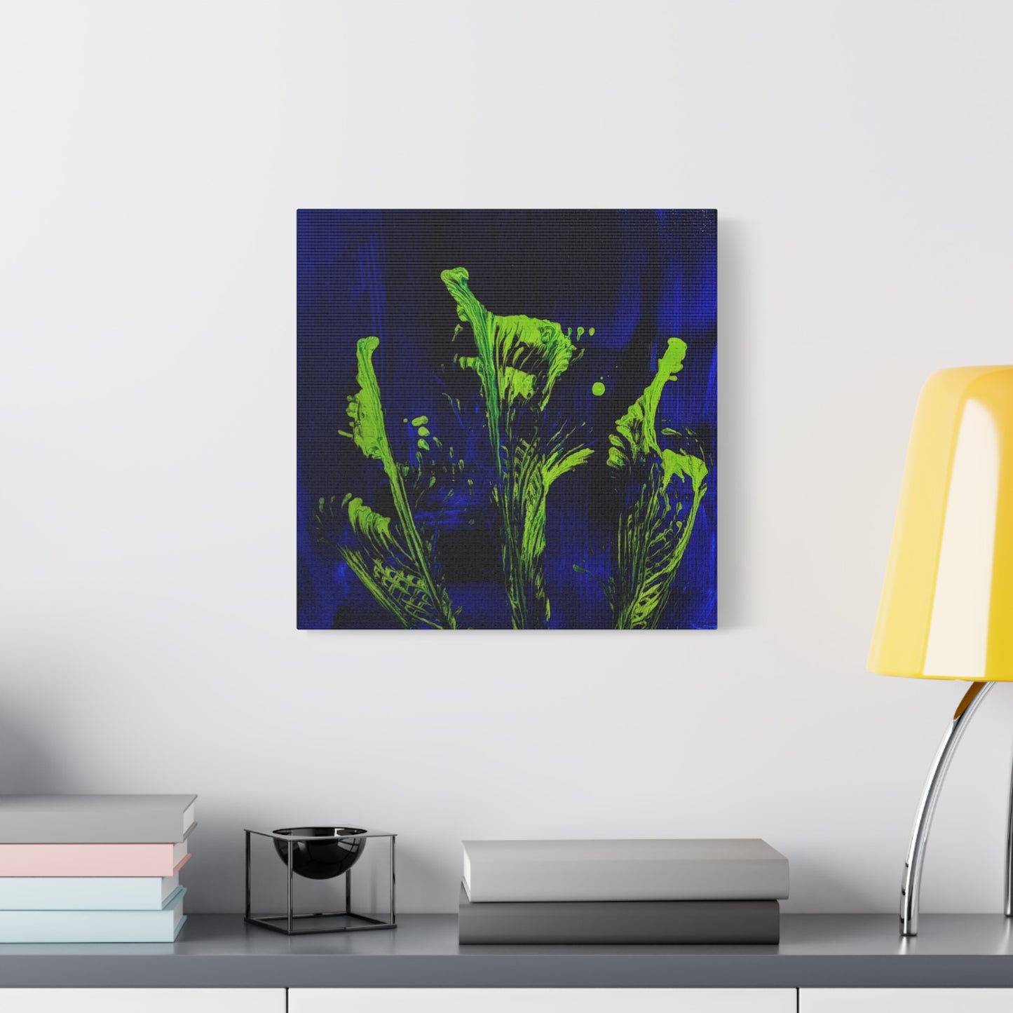 calla_lillies_pt.2 - Neon Floral Abstract Canvas Print — Blue & Lime Stretched Wall Art