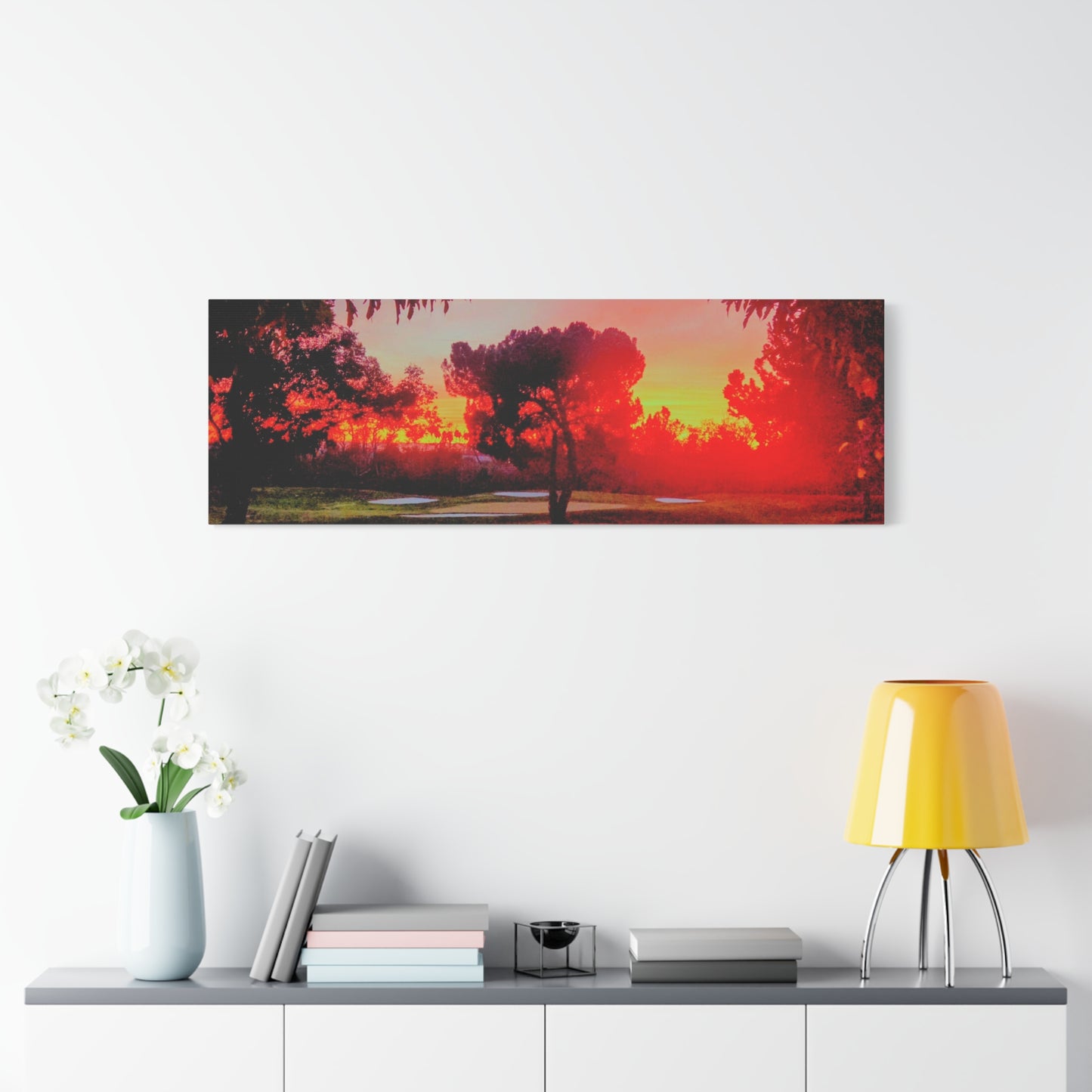 4th green @muni - Sunset Park Matte Canvas Print — Vibrant Red & Orange Landscape Wall Art
