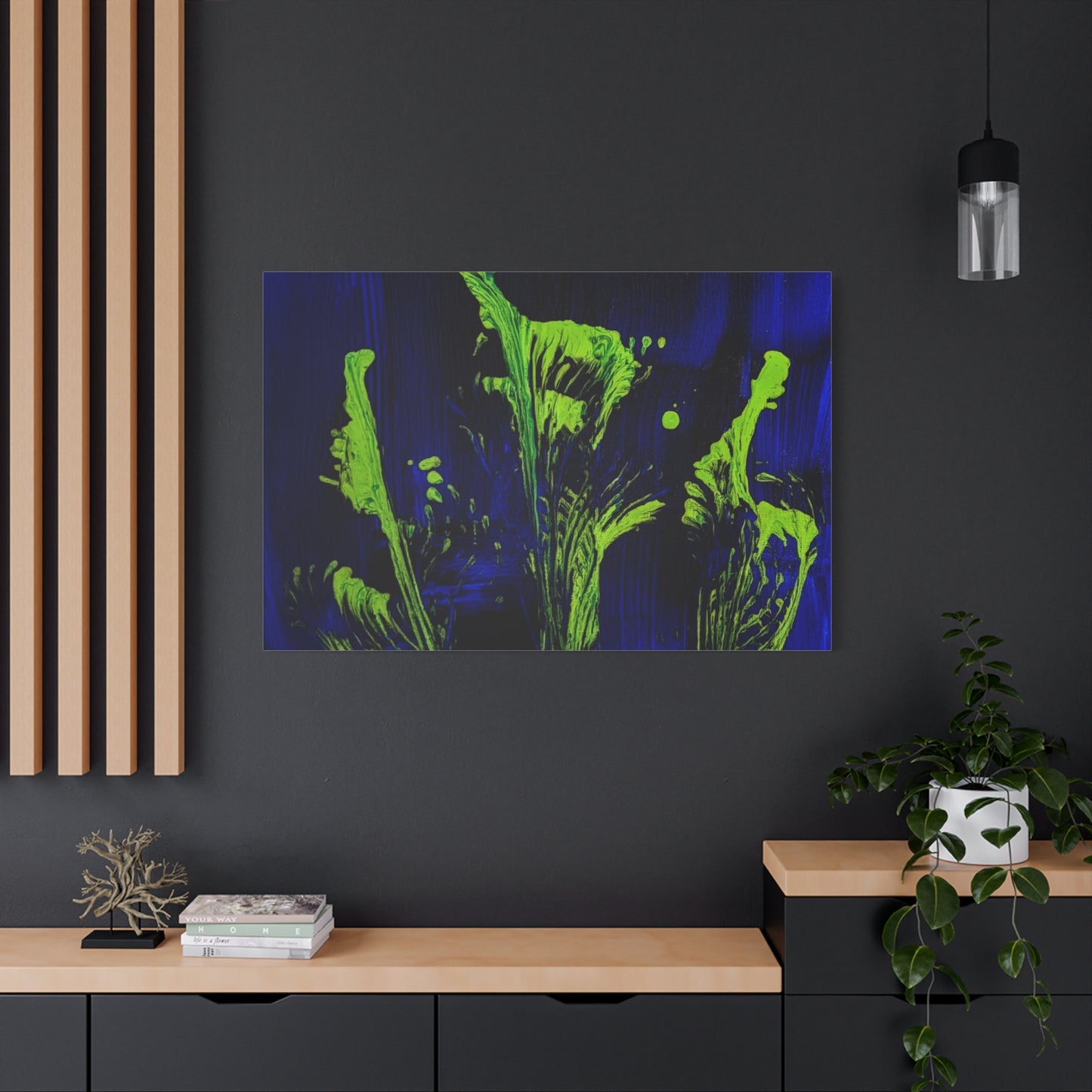 calla_lillies_pt.2 - Neon Floral Abstract Canvas Print — Blue & Lime Stretched Wall Art