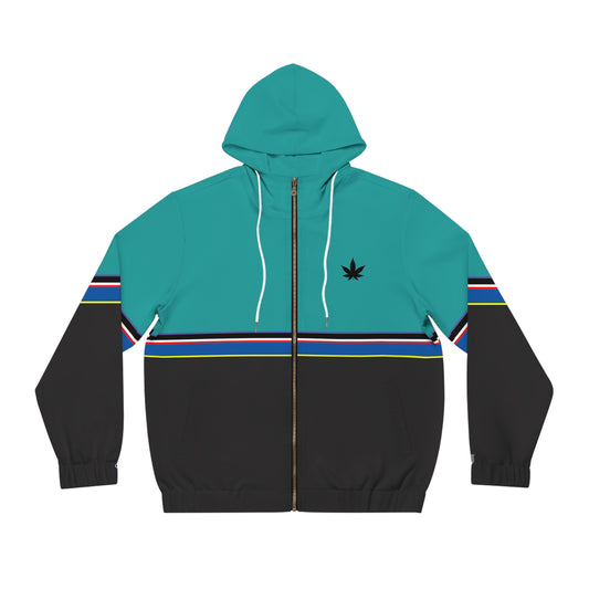 shark_city :: Teal & Black Stripe Zip Hoodie with Minimal Leaf Logo