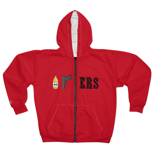 Gun & 40oz 'ERS' Red Zip Hoodie — Streetwear Zip-Up with SF Backprint