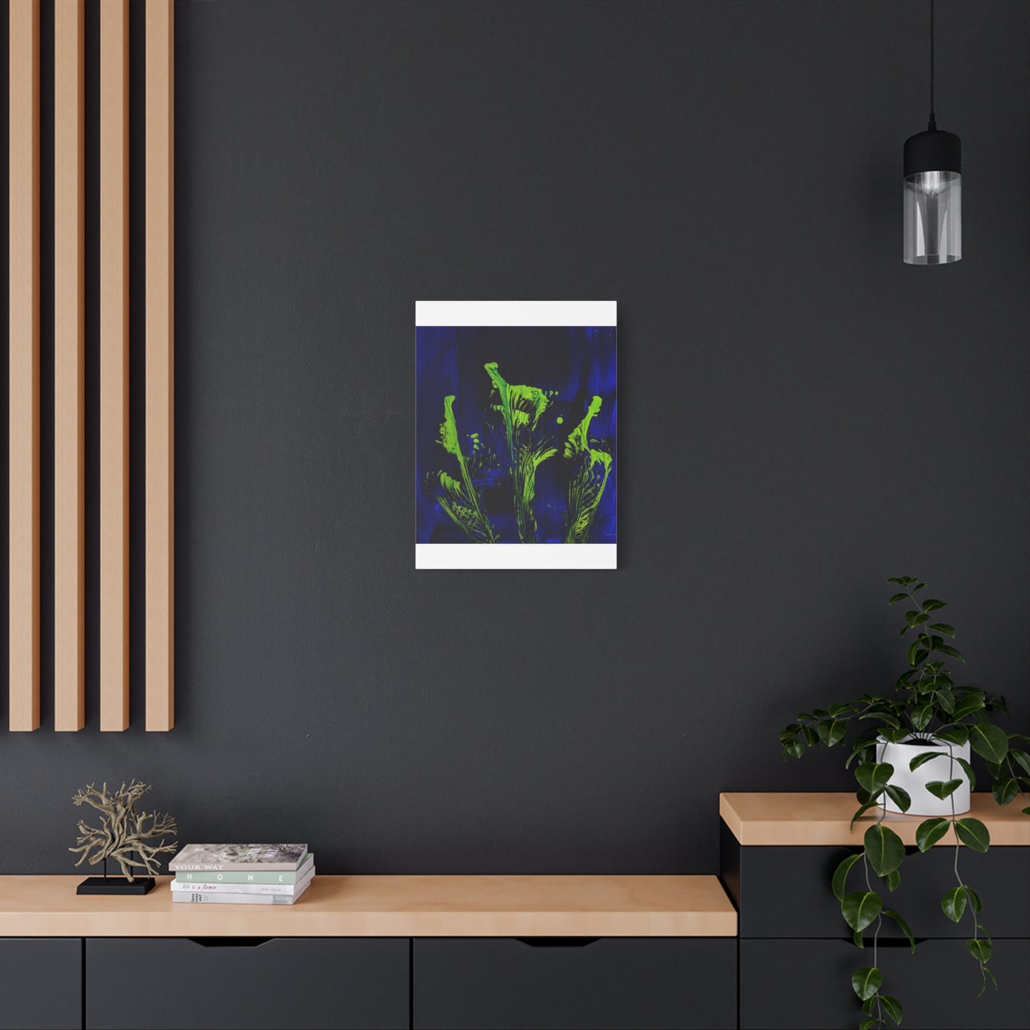 calla_lillies_pt.2 - Neon Floral Abstract Canvas Print — Blue & Lime Stretched Wall Art