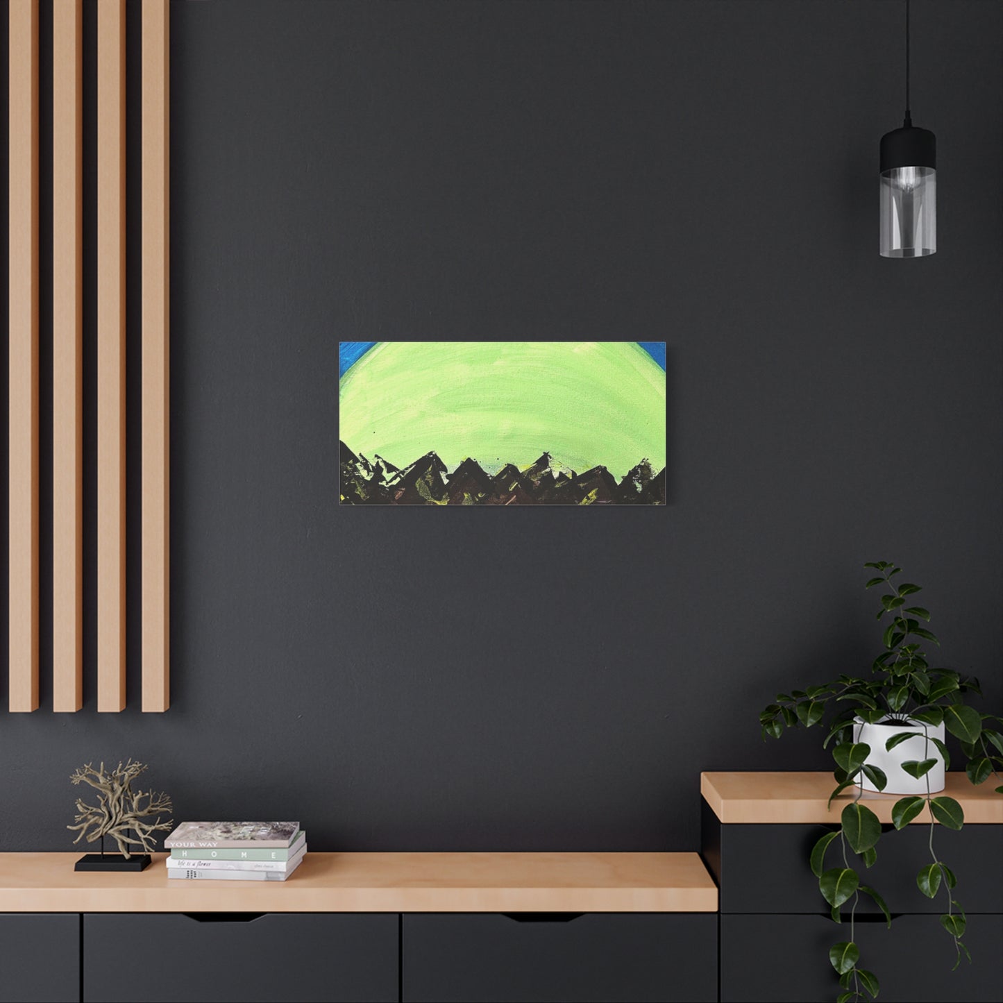 Green Moonrise Canvas Wall Art – Mountain Silhouette Nightscape
