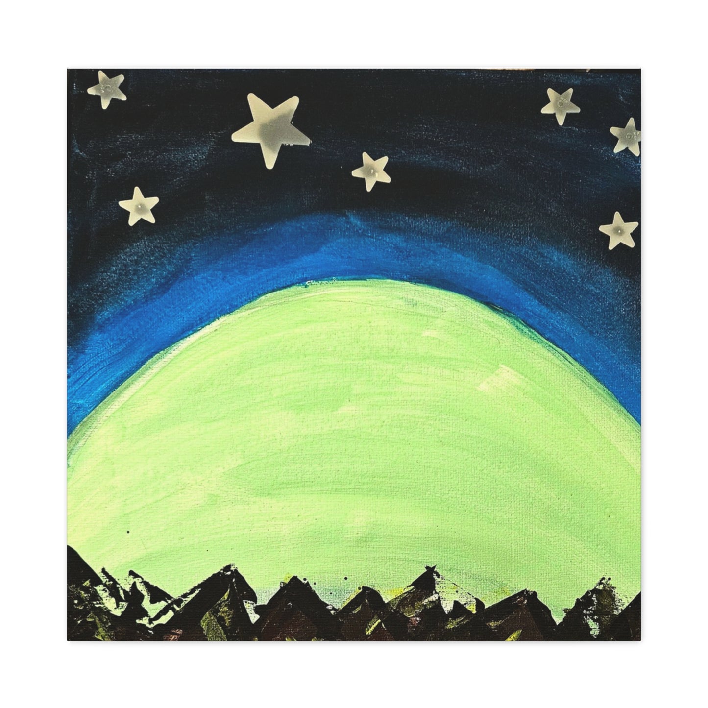 Green Moonrise Canvas Wall Art – Mountain Silhouette Nightscape