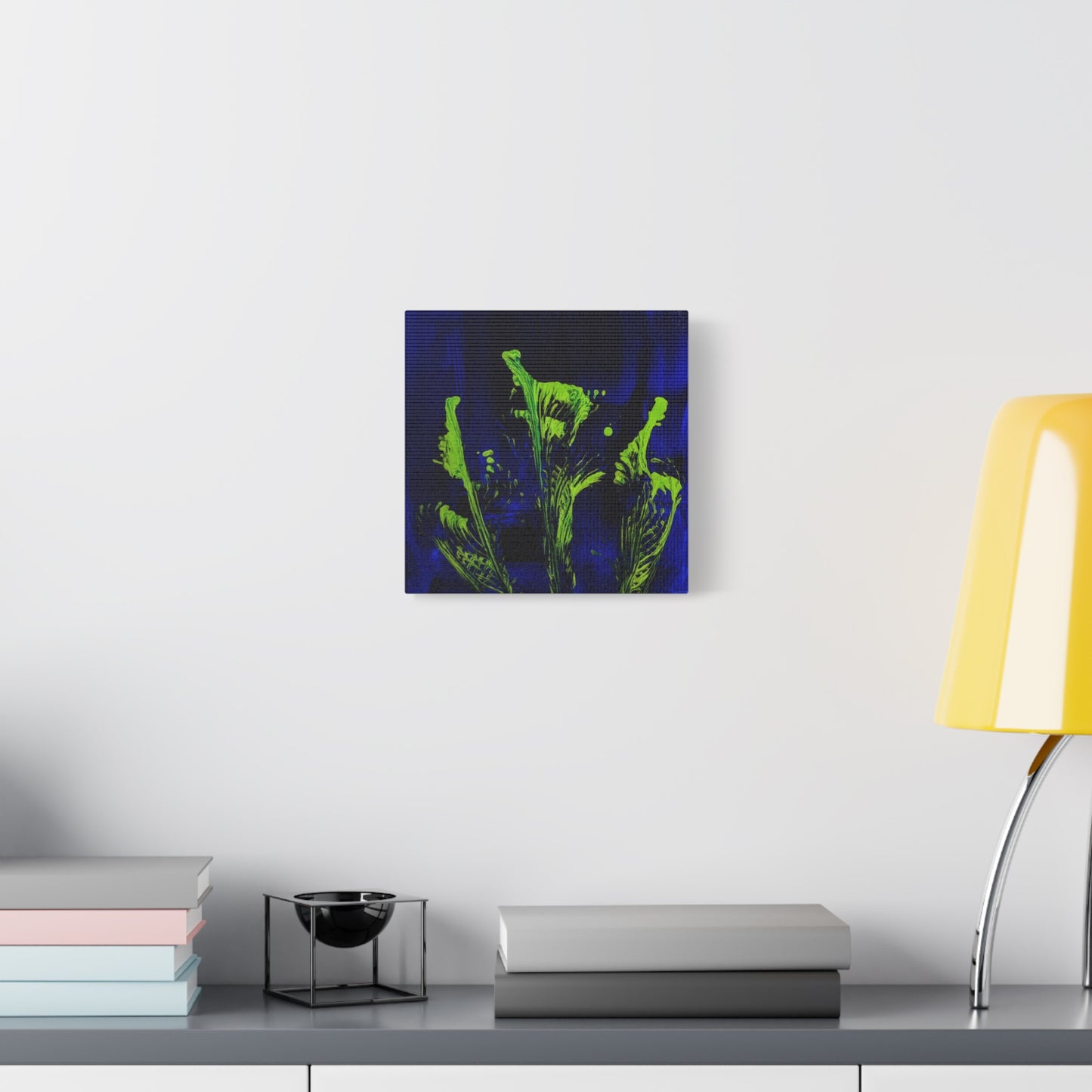 calla_lillies_pt.2 - Neon Floral Abstract Canvas Print — Blue & Lime Stretched Wall Art