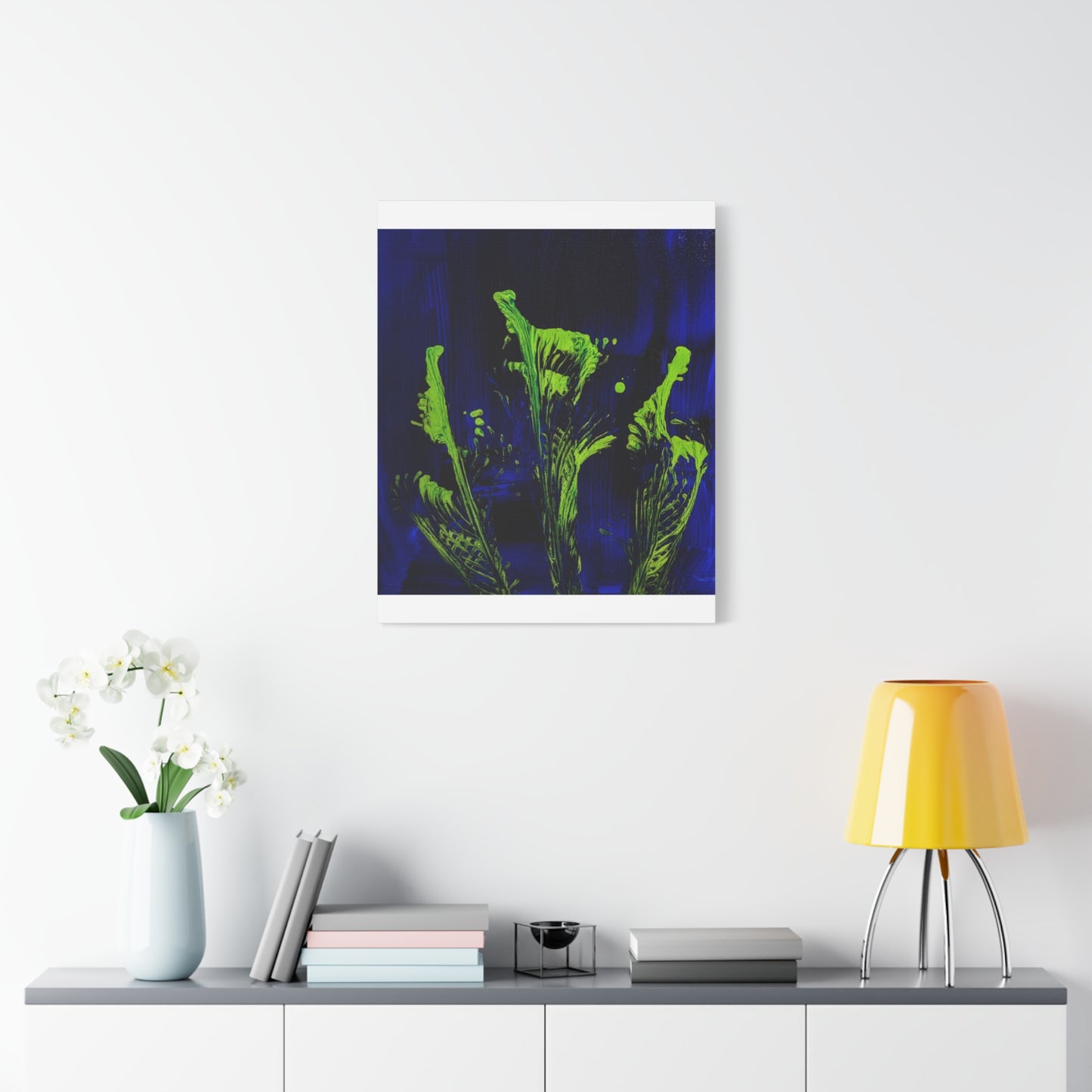 calla_lillies_pt.2 - Neon Floral Abstract Canvas Print — Blue & Lime Stretched Wall Art