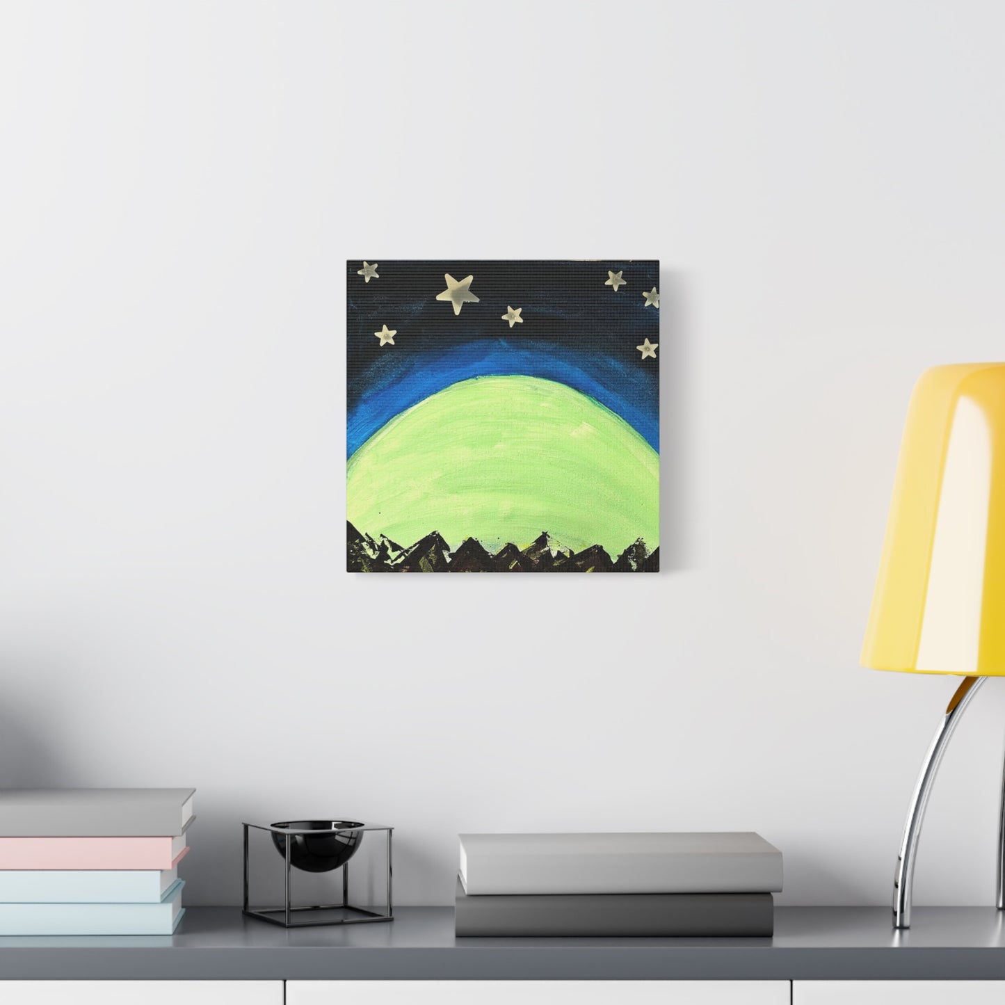 Green Moonrise Canvas Wall Art – Mountain Silhouette Nightscape