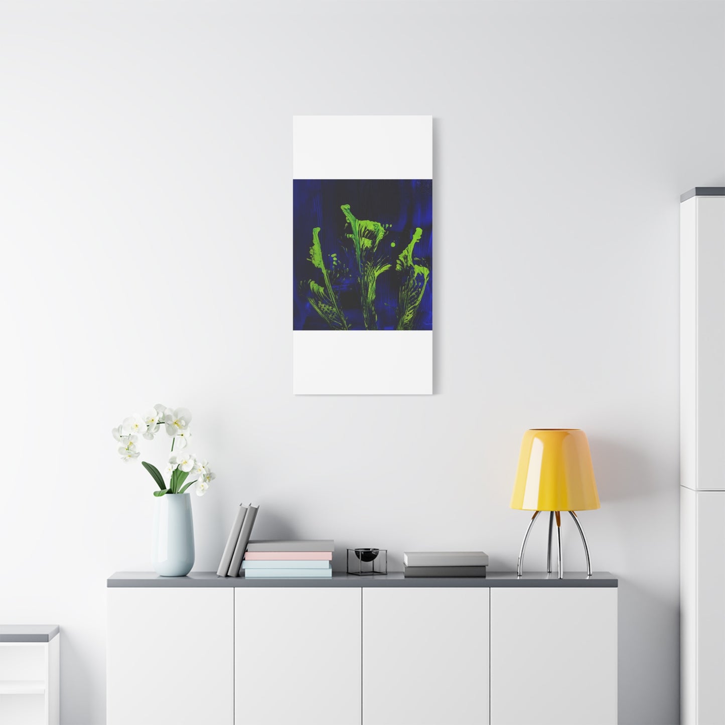 calla_lillies_pt.2 - Neon Floral Abstract Canvas Print — Blue & Lime Stretched Wall Art