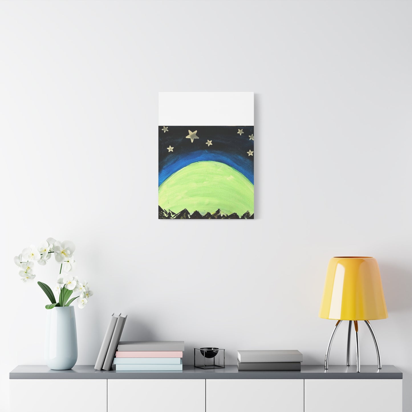 Green Moonrise Canvas Wall Art – Mountain Silhouette Nightscape