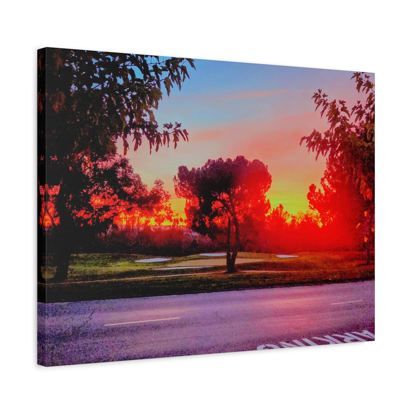 4th green @muni - Sunset Park Matte Canvas Print — Vibrant Red & Orange Landscape Wall Art