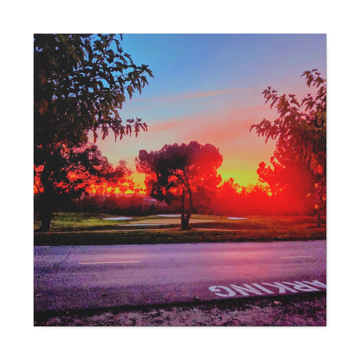 4th green @muni - Sunset Park Matte Canvas Print — Vibrant Red & Orange Landscape Wall Art