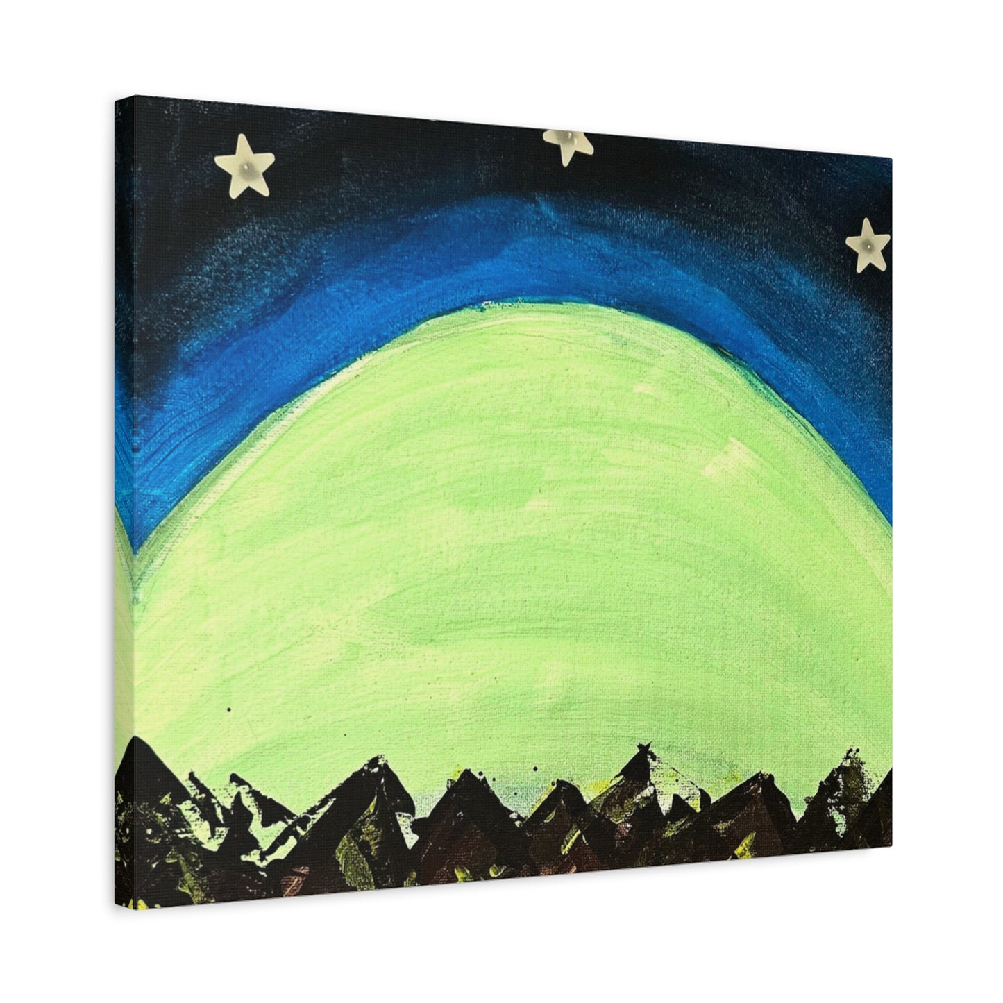 Green Moonrise Canvas Wall Art – Mountain Silhouette Nightscape