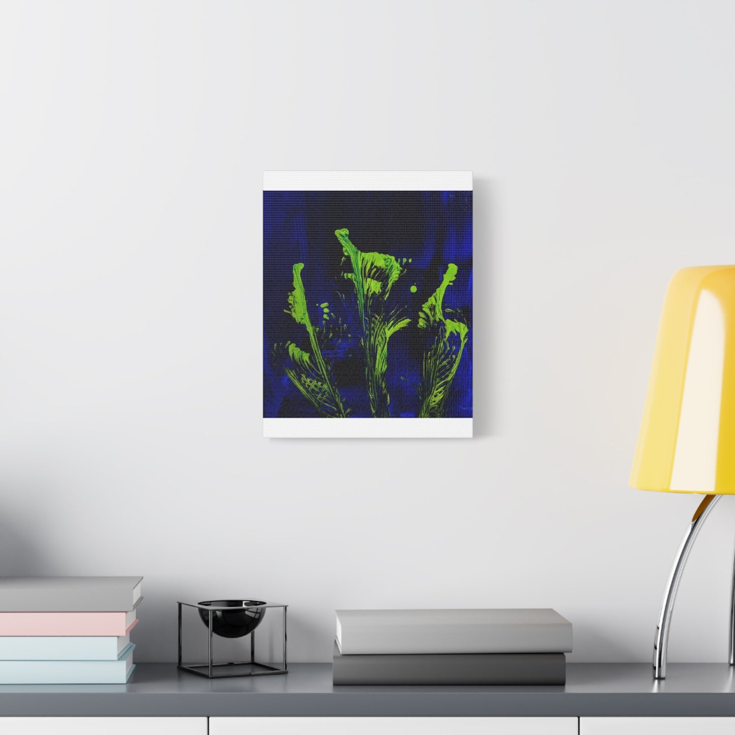 calla_lillies_pt.2 - Neon Floral Abstract Canvas Print — Blue & Lime Stretched Wall Art