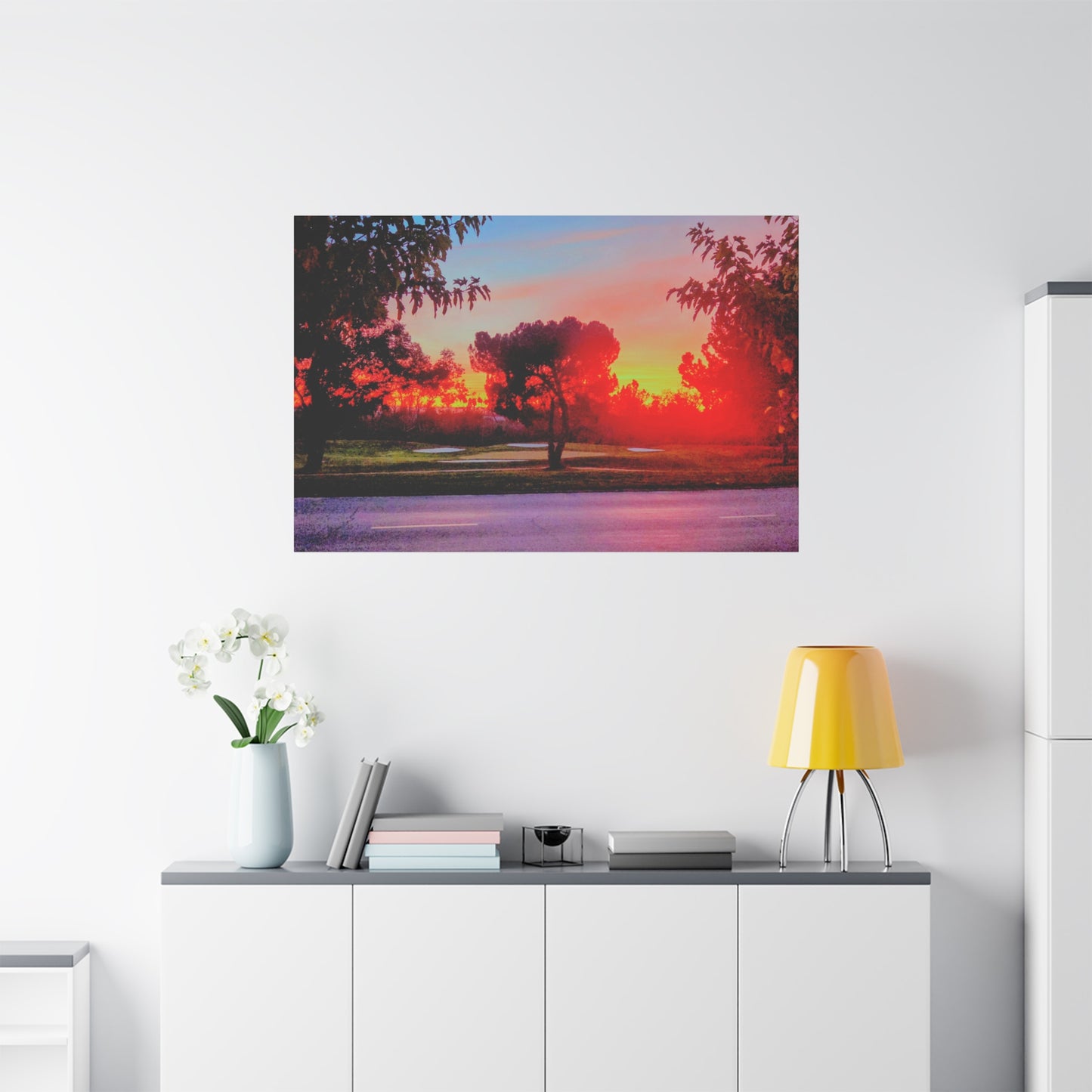 4th green @muni - Sunset Park Matte Canvas Print — Vibrant Red & Orange Landscape Wall Art