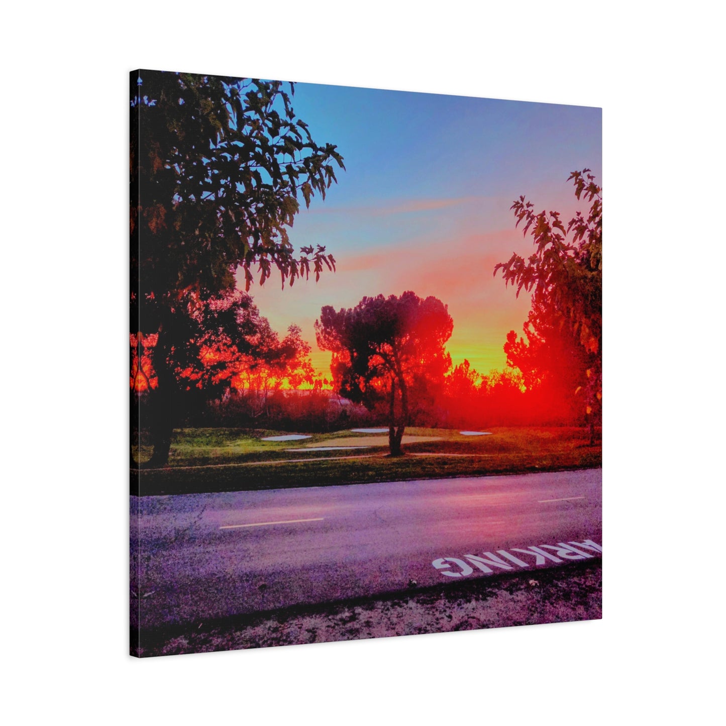 4th green @muni - Sunset Park Matte Canvas Print — Vibrant Red & Orange Landscape Wall Art