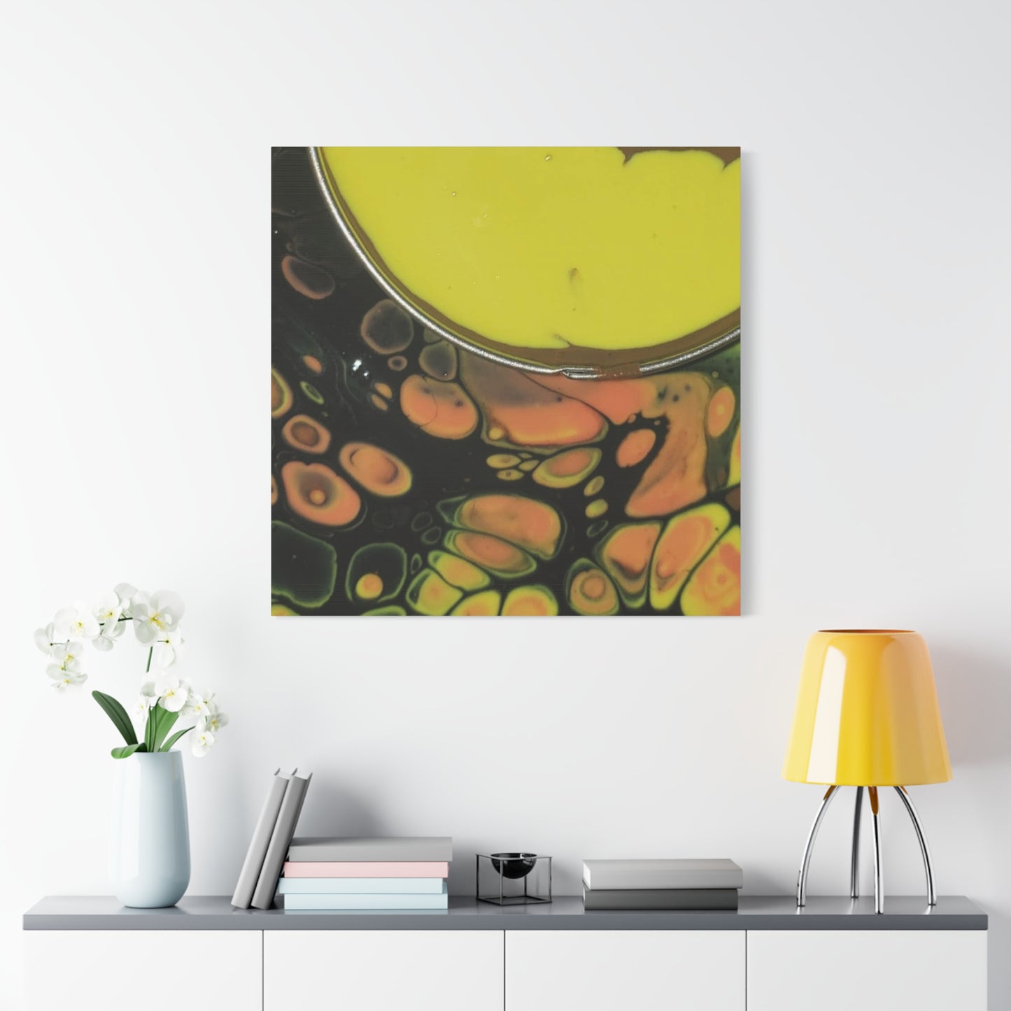 Abstract Fluid Art Canvas Print — Yellow & Black Cell Pour
