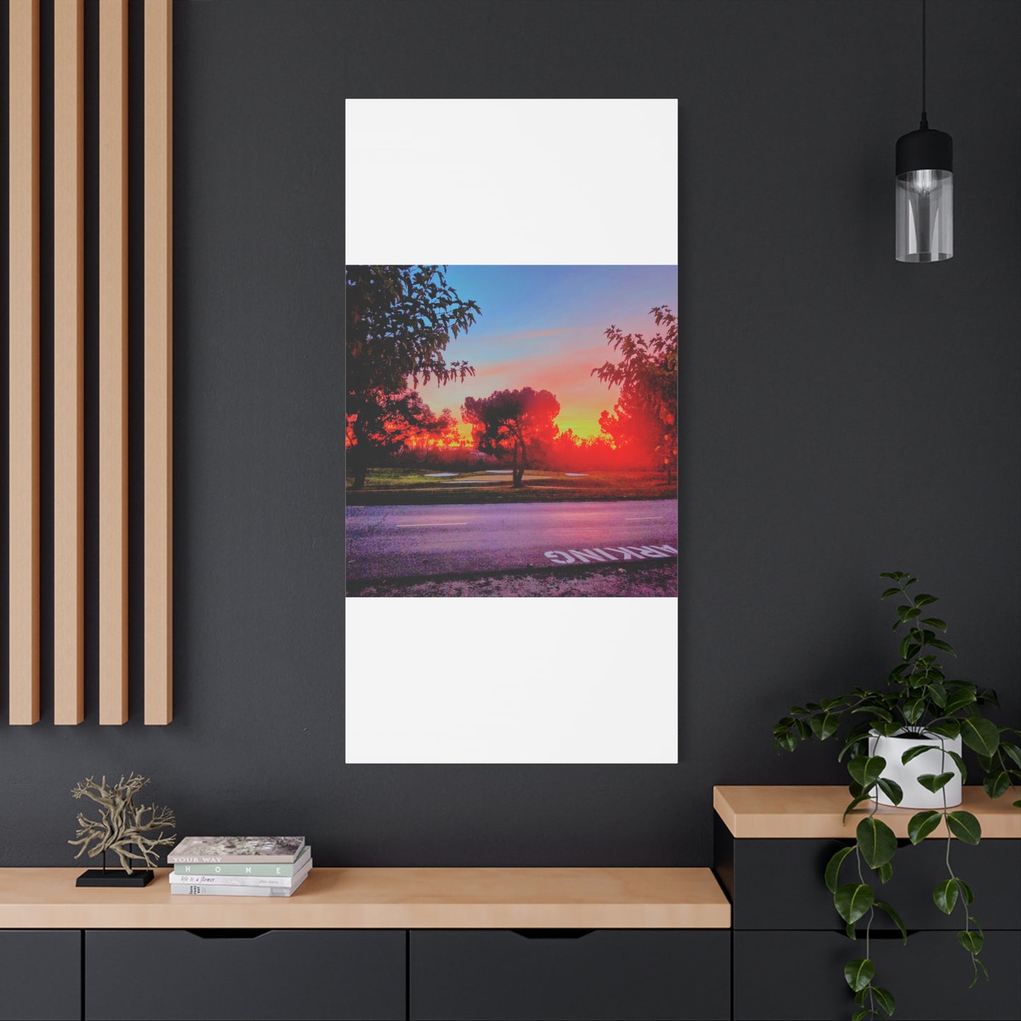 4th green @muni - Sunset Park Matte Canvas Print — Vibrant Red & Orange Landscape Wall Art