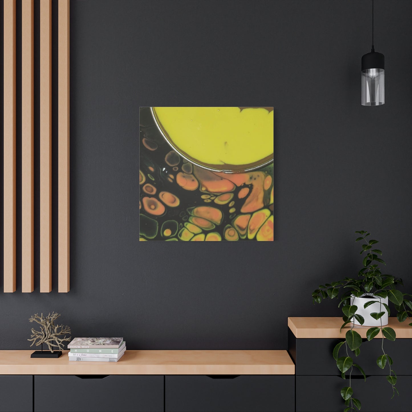 Abstract Fluid Art Canvas Print — Yellow & Black Cell Pour