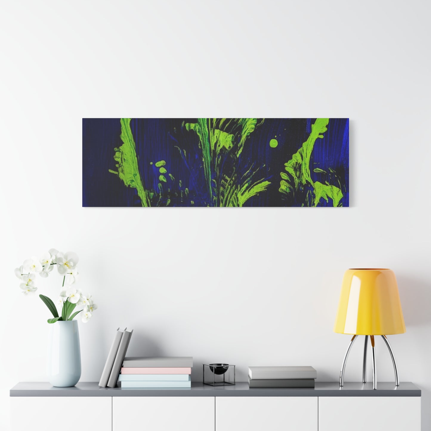 calla_lillies_pt.2 - Neon Floral Abstract Canvas Print — Blue & Lime Stretched Wall Art