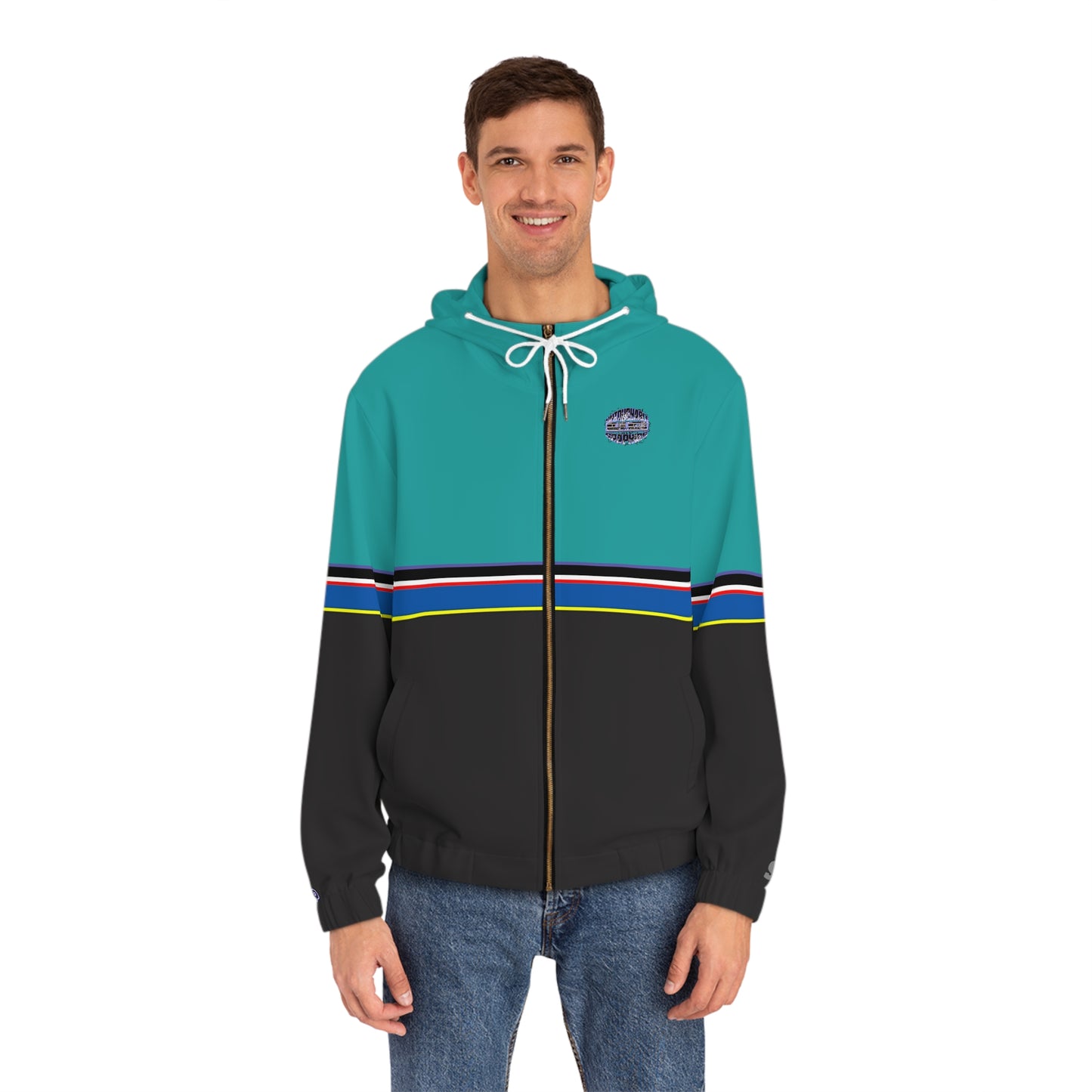shark_city :: Teal & Black Stripe Zip Hoodie with Minimal Leaf Logo