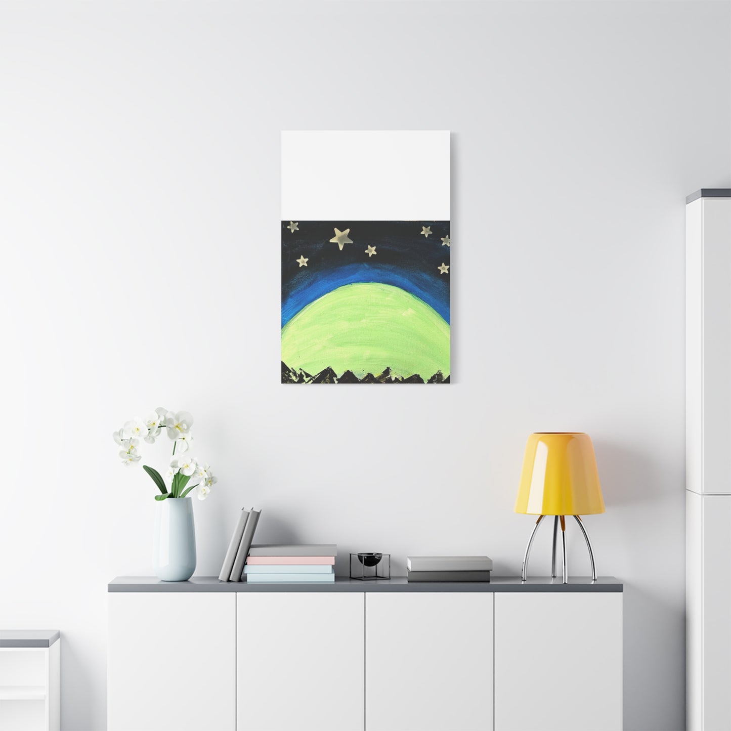 Green Moonrise Canvas Wall Art – Mountain Silhouette Nightscape