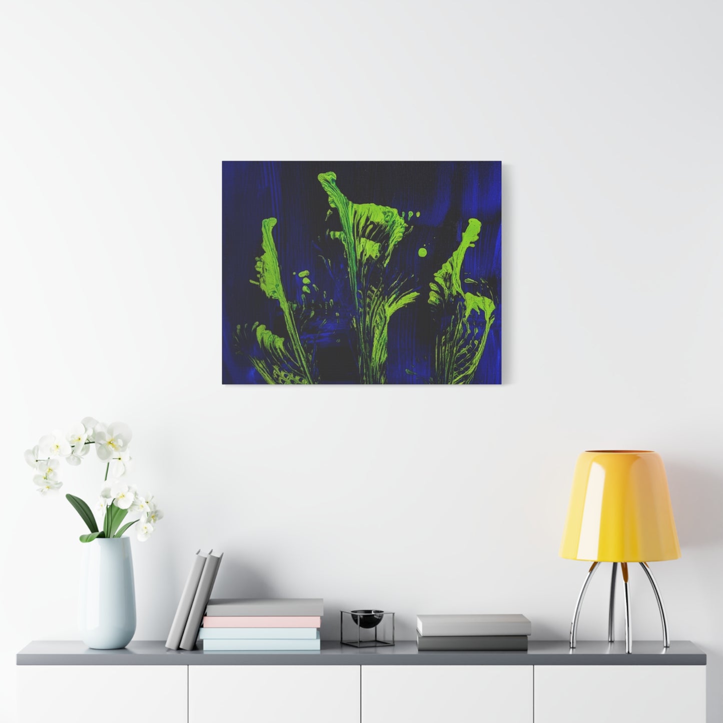 calla_lillies_pt.2 - Neon Floral Abstract Canvas Print — Blue & Lime Stretched Wall Art
