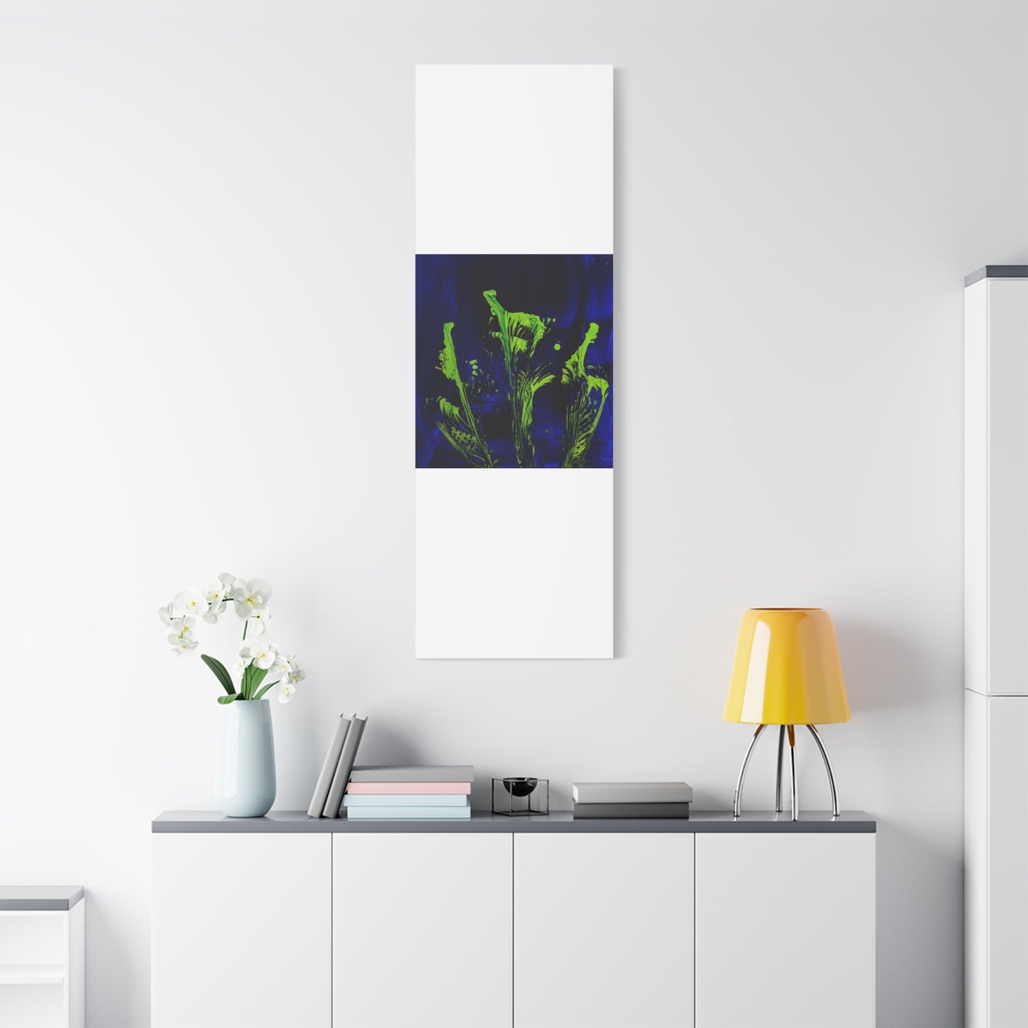 calla_lillies_pt.2 - Neon Floral Abstract Canvas Print — Blue & Lime Stretched Wall Art