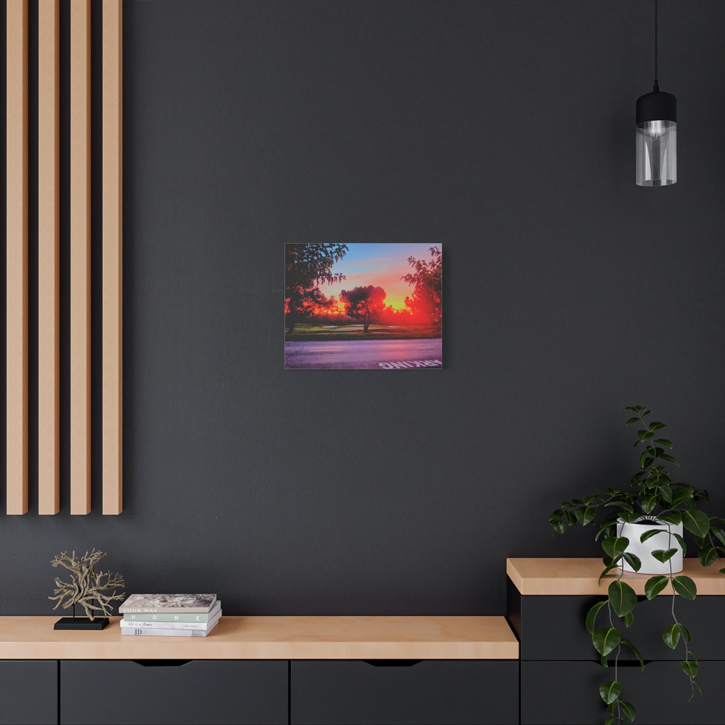 4th green @muni - Sunset Park Matte Canvas Print — Vibrant Red & Orange Landscape Wall Art