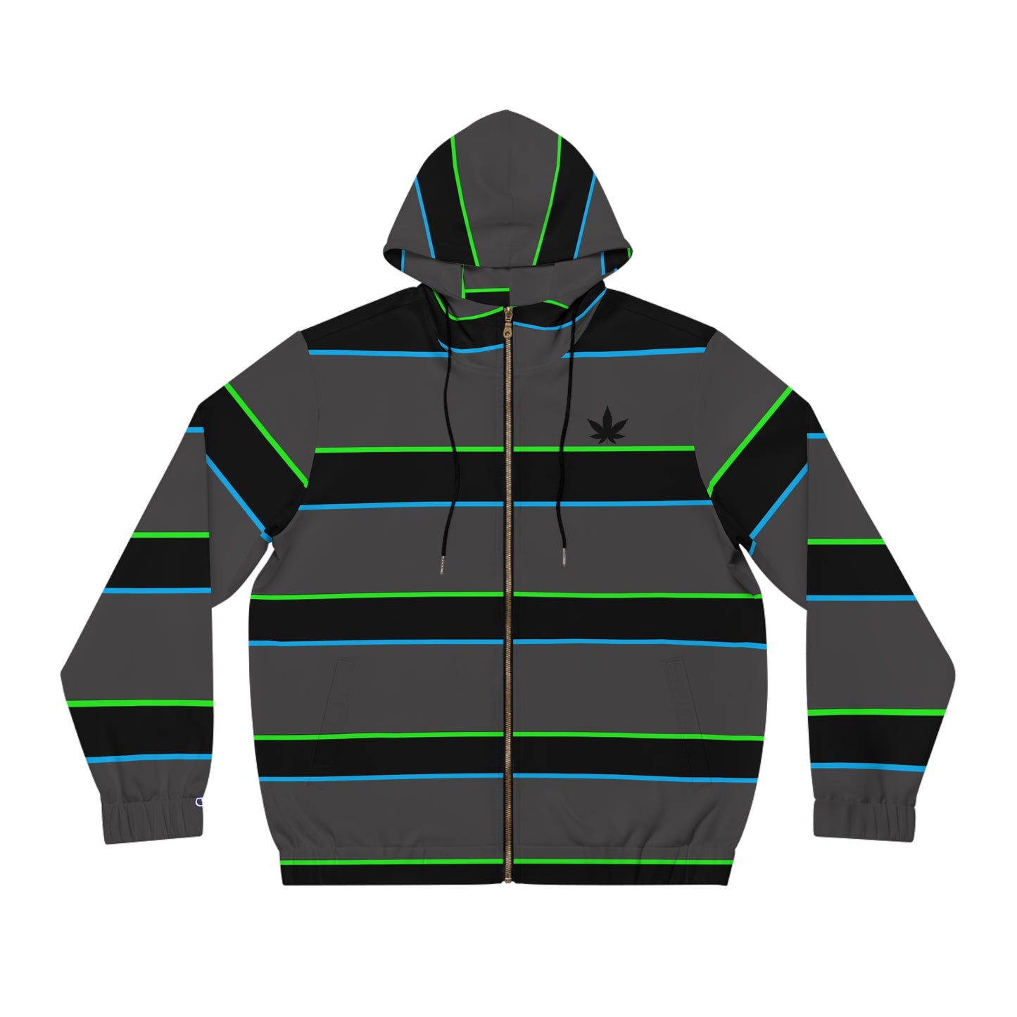 Men's Striped Full-Zip Hoodie — Neon Green & Blue Retro Stripe with Subtle Leaf Accent