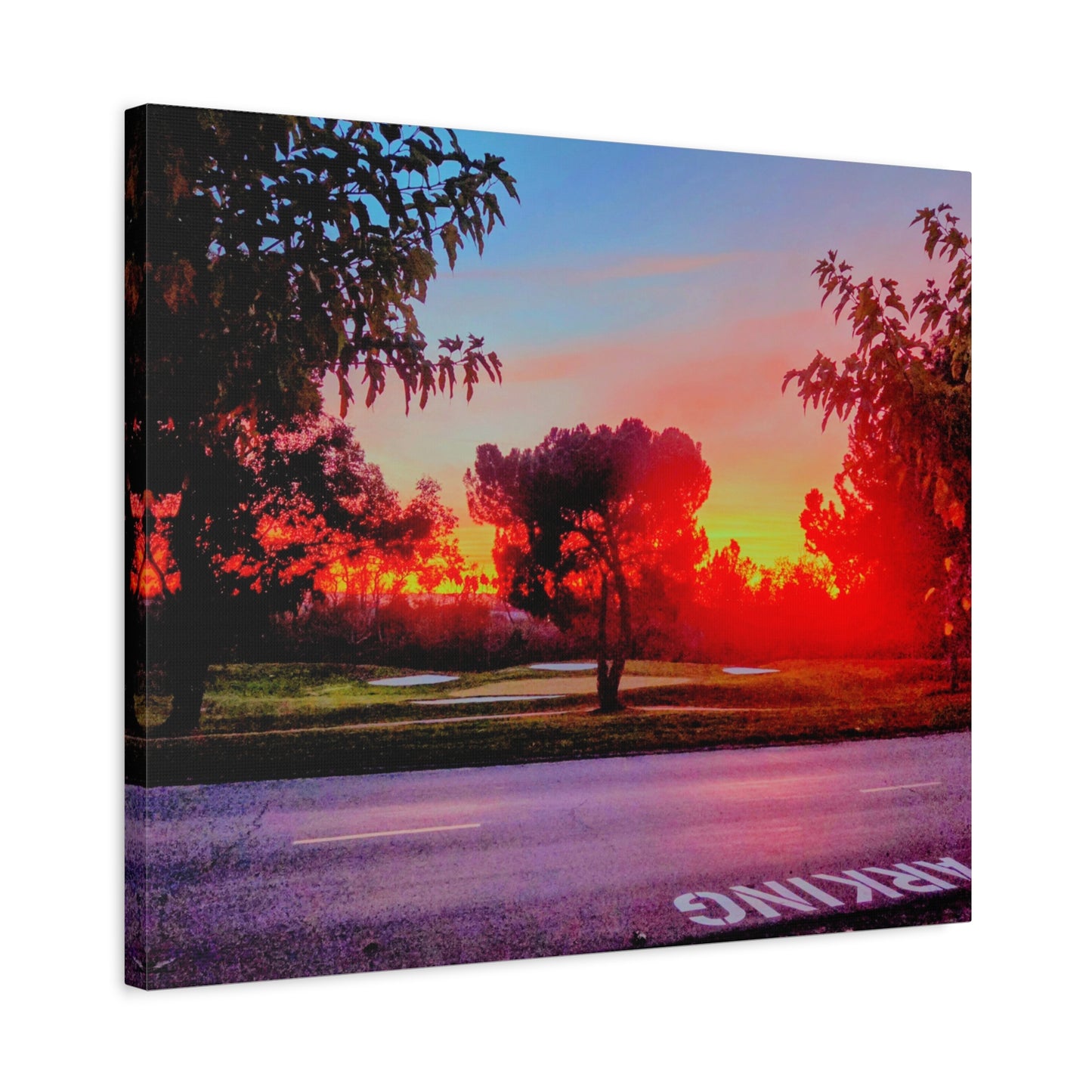 4th green @muni - Sunset Park Matte Canvas Print — Vibrant Red & Orange Landscape Wall Art